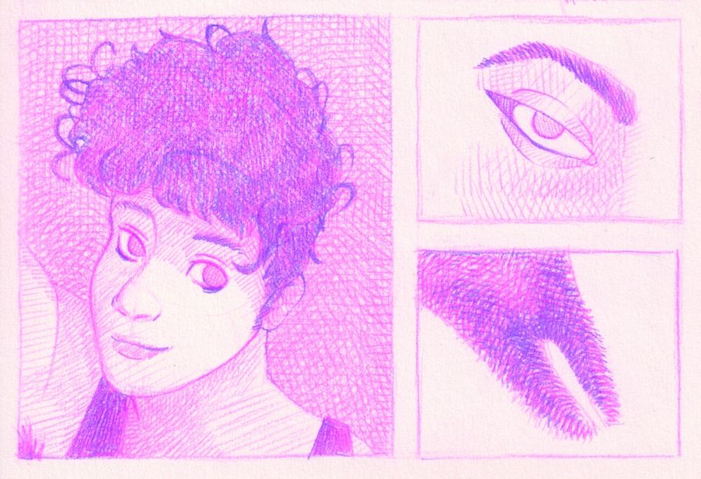A color pencil sketch book page featuring an illustration of someone with poofy hair, a close up on an eye, and what is probably a pubic bush but no other details are drawn in to elaborate on what exactly it is. It is a lot of pink and purple cross hatching.