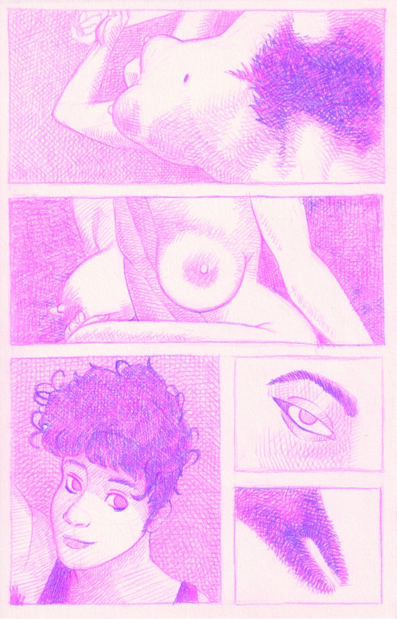 A sketchbook page done entirely in pink and purple color pencil. The various panels include such NSFW art as close ups of pubic hair and breasts but also includes close up of an eye and a person's moppy head of hair.