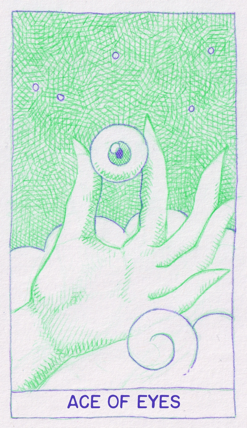 An illustration of a tarot card called the Ace of Eyes that features a hand holding a green eye among the clouds and stary sky.