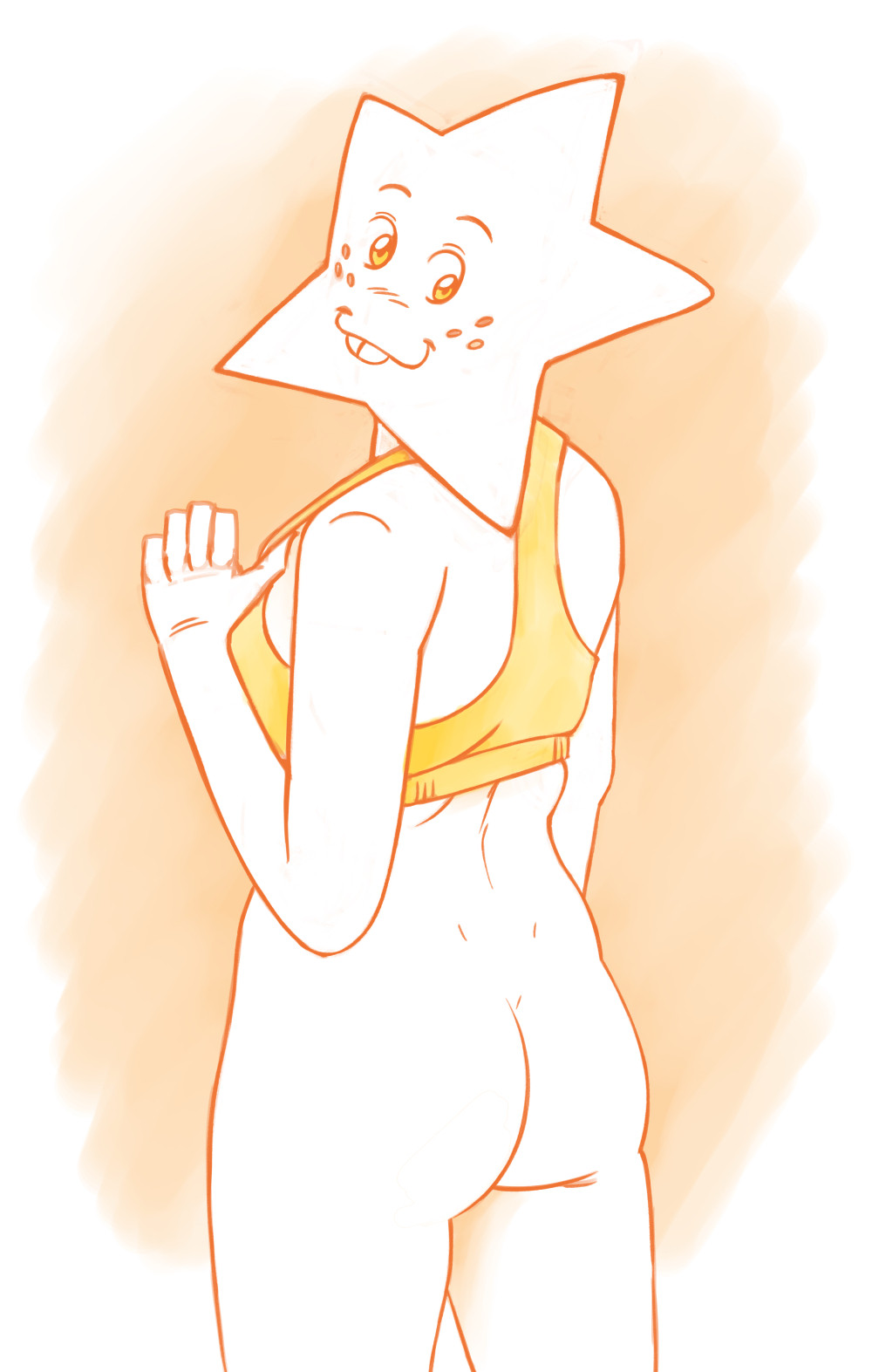 A female presenting character only wearing a sport bra standing with their back turned to the viewer. They have a cartoonish star shaped head.