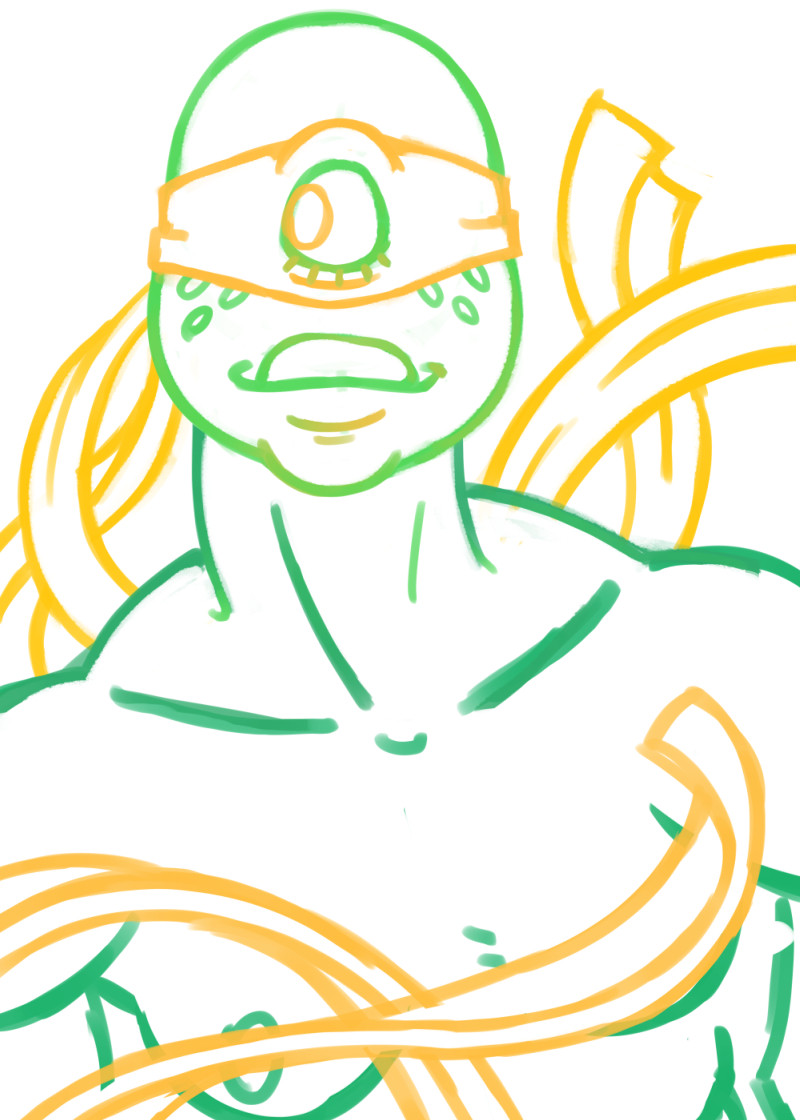 A green famine cyclops character with freckles wearing a teenage mutant ninja turtles style headband across their face. The tails of the headband flows around them.