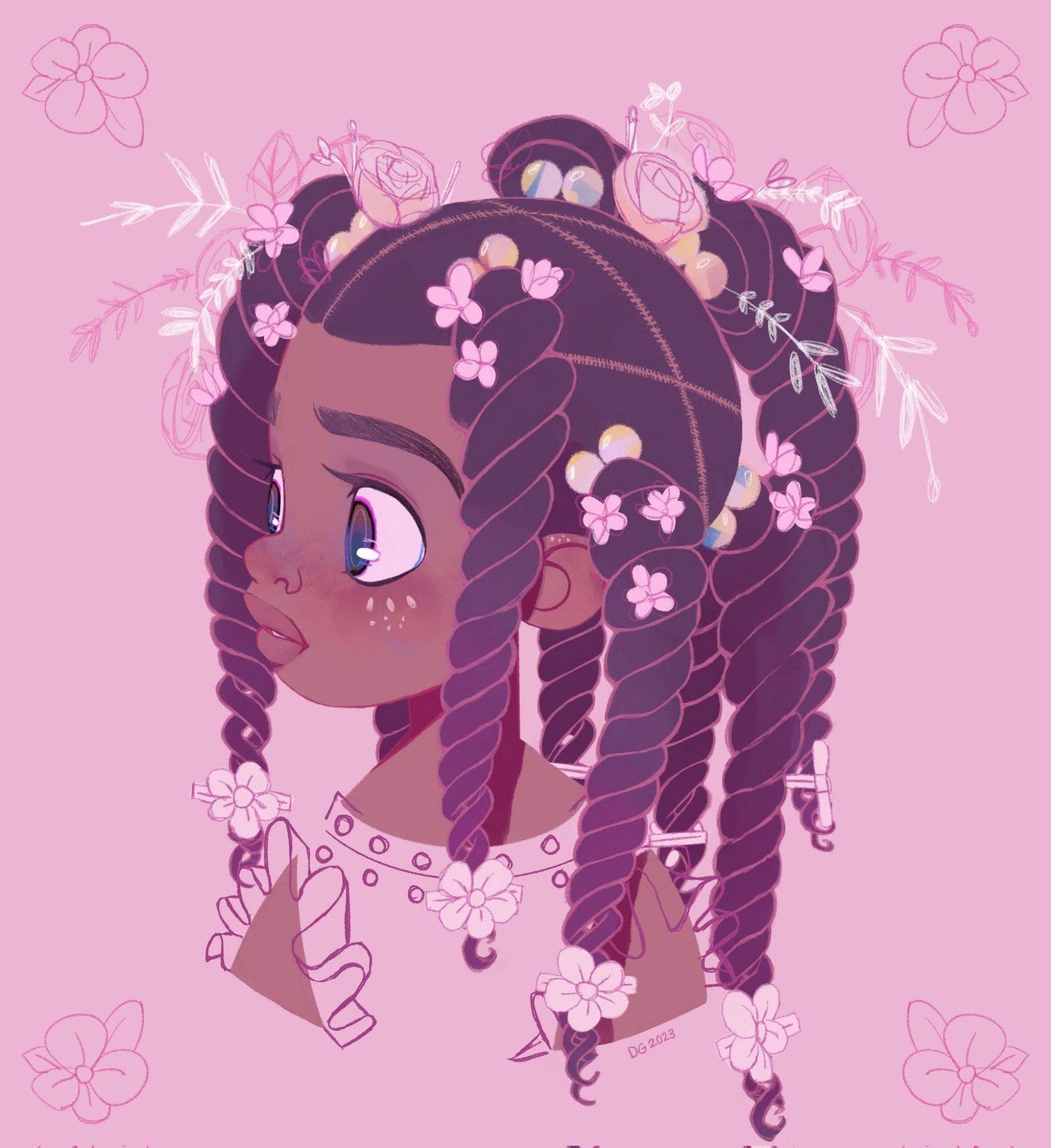 A girl with twists and flowers in her hair