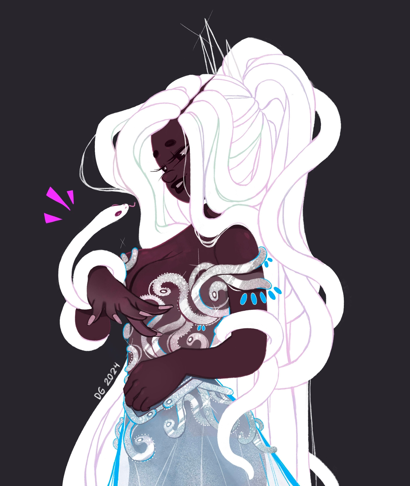 Nia, a snake princess with long white hair, and her snake friend