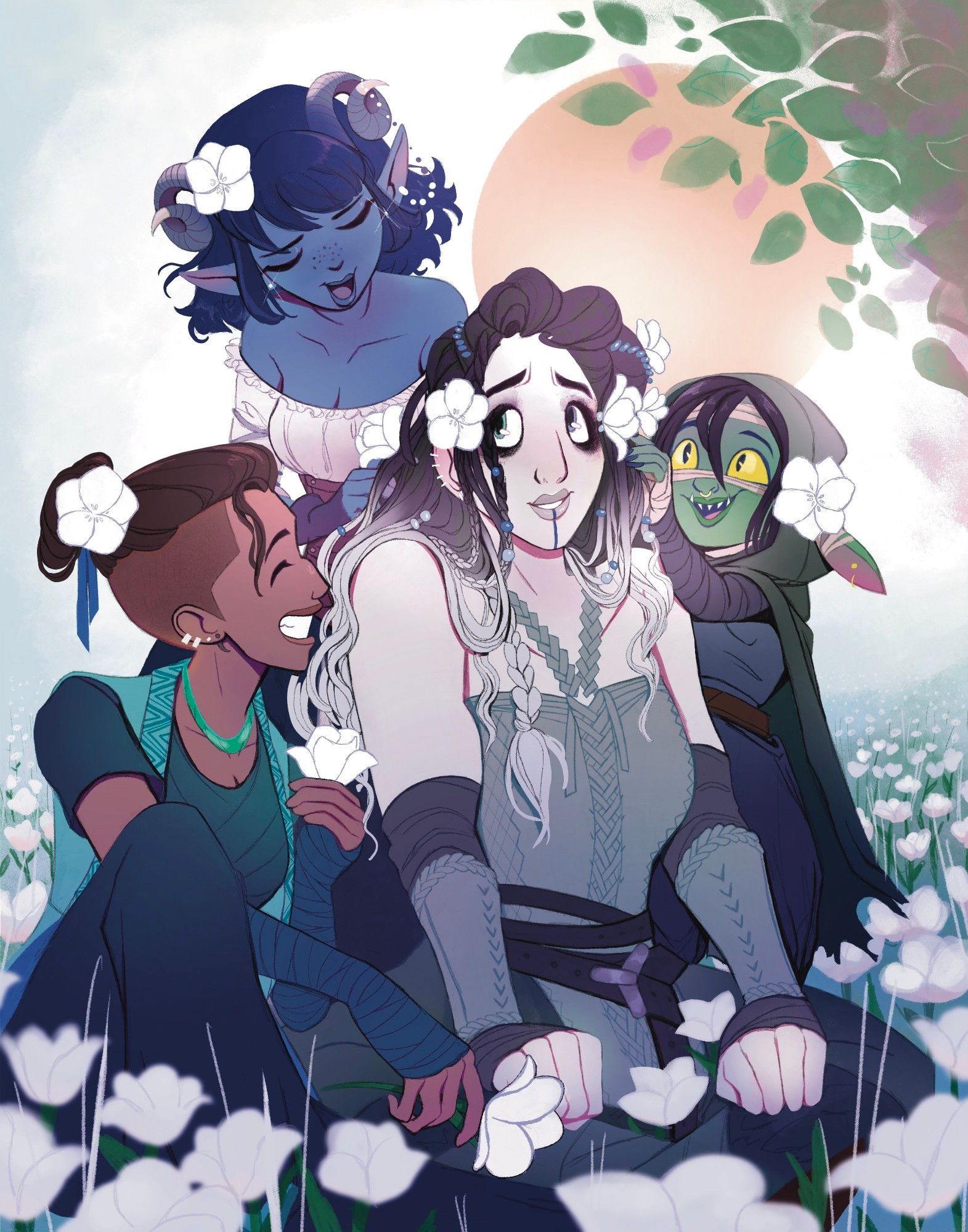 Jester, Yasha, Beau, and Nott from Critical Role in a field of white flowers