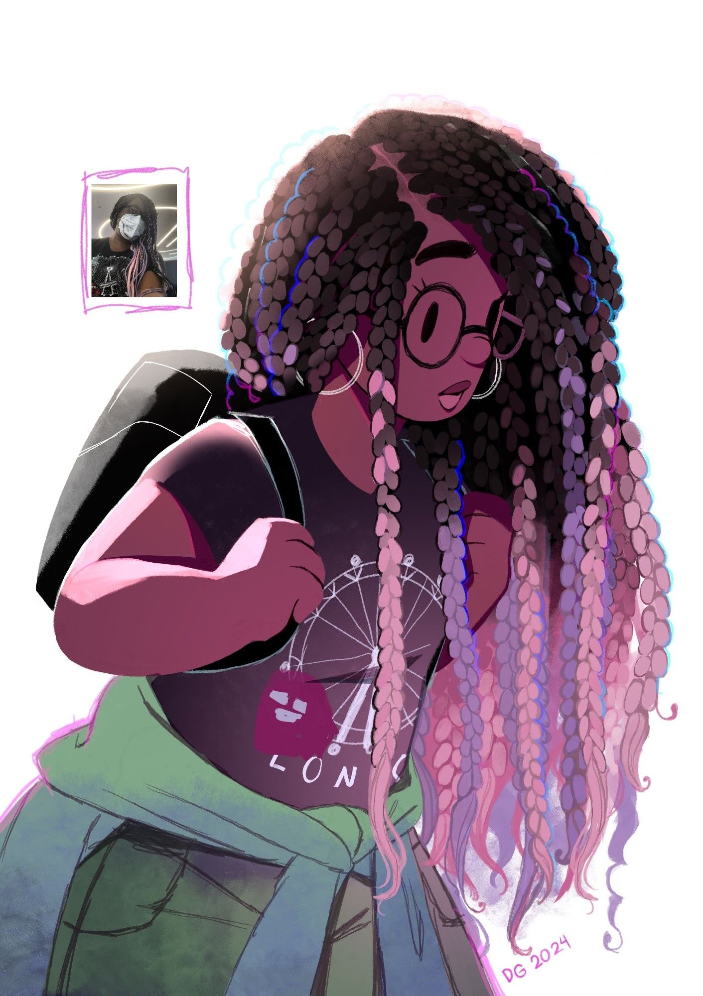 A drawing of a girl with pink and purple braids. In the image is a small photo reference of the same girl