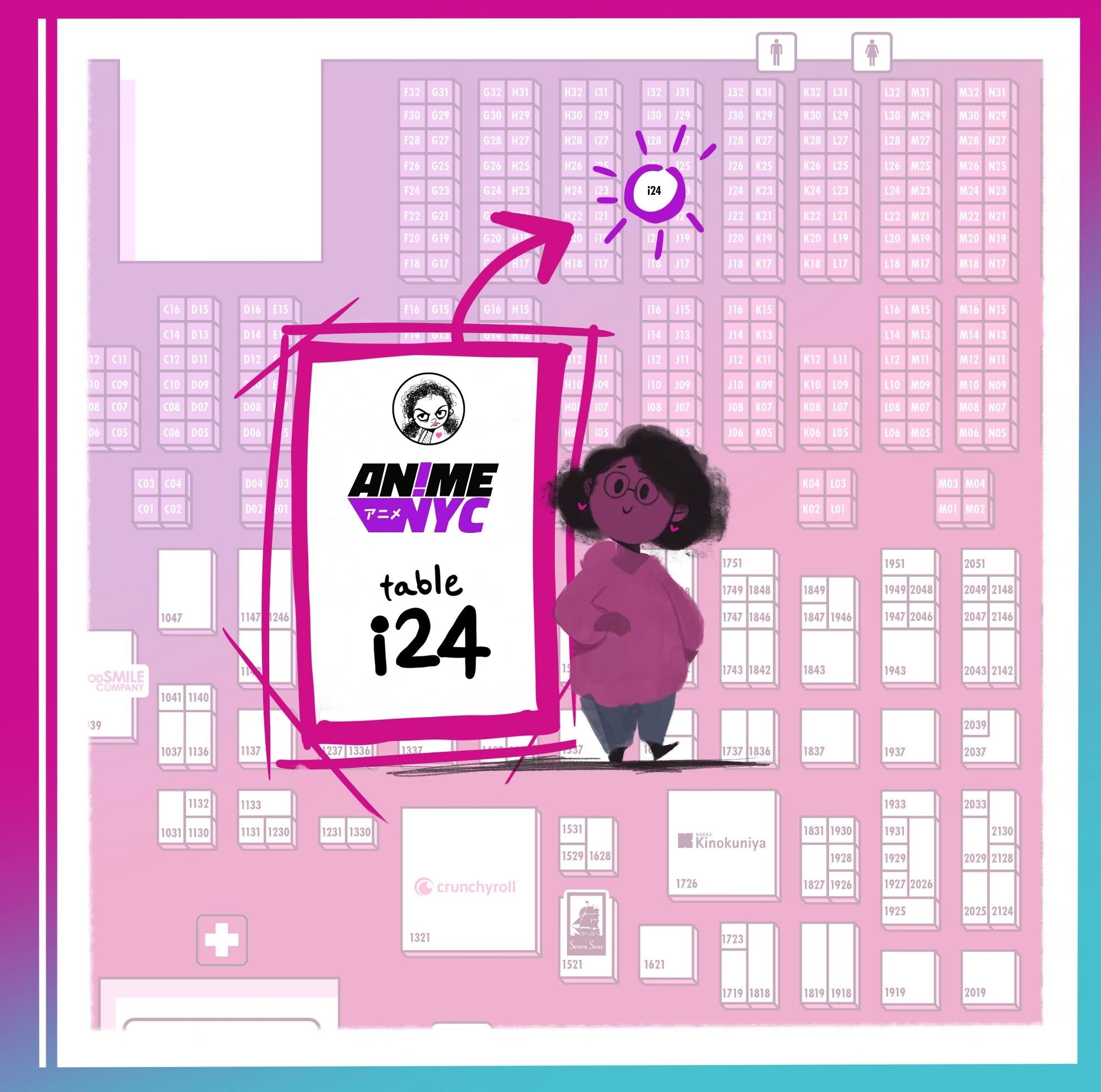 A map of AnimeNYC with the table number i24 indicated. A miniature drawing of a woman in the middle