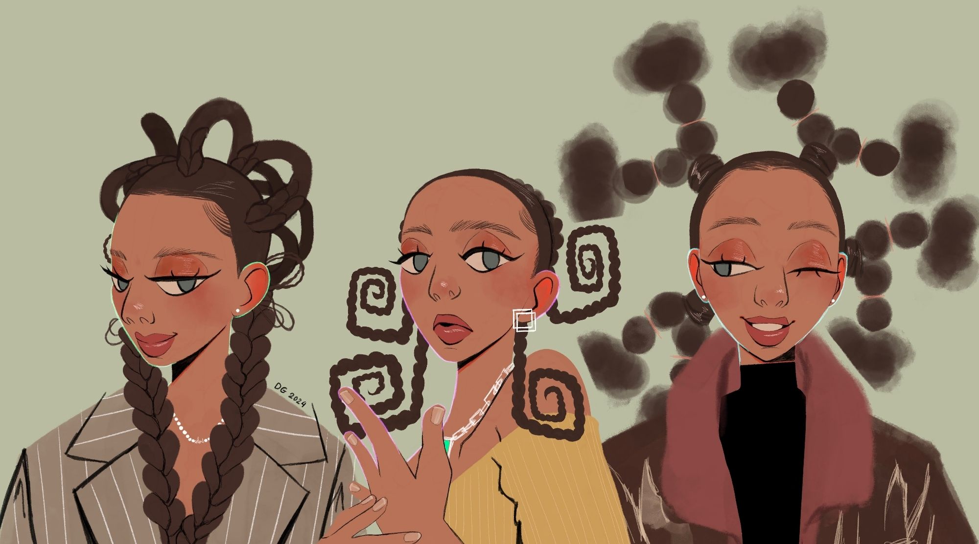 Three drawings of the same woman with different hairstyles and outfits