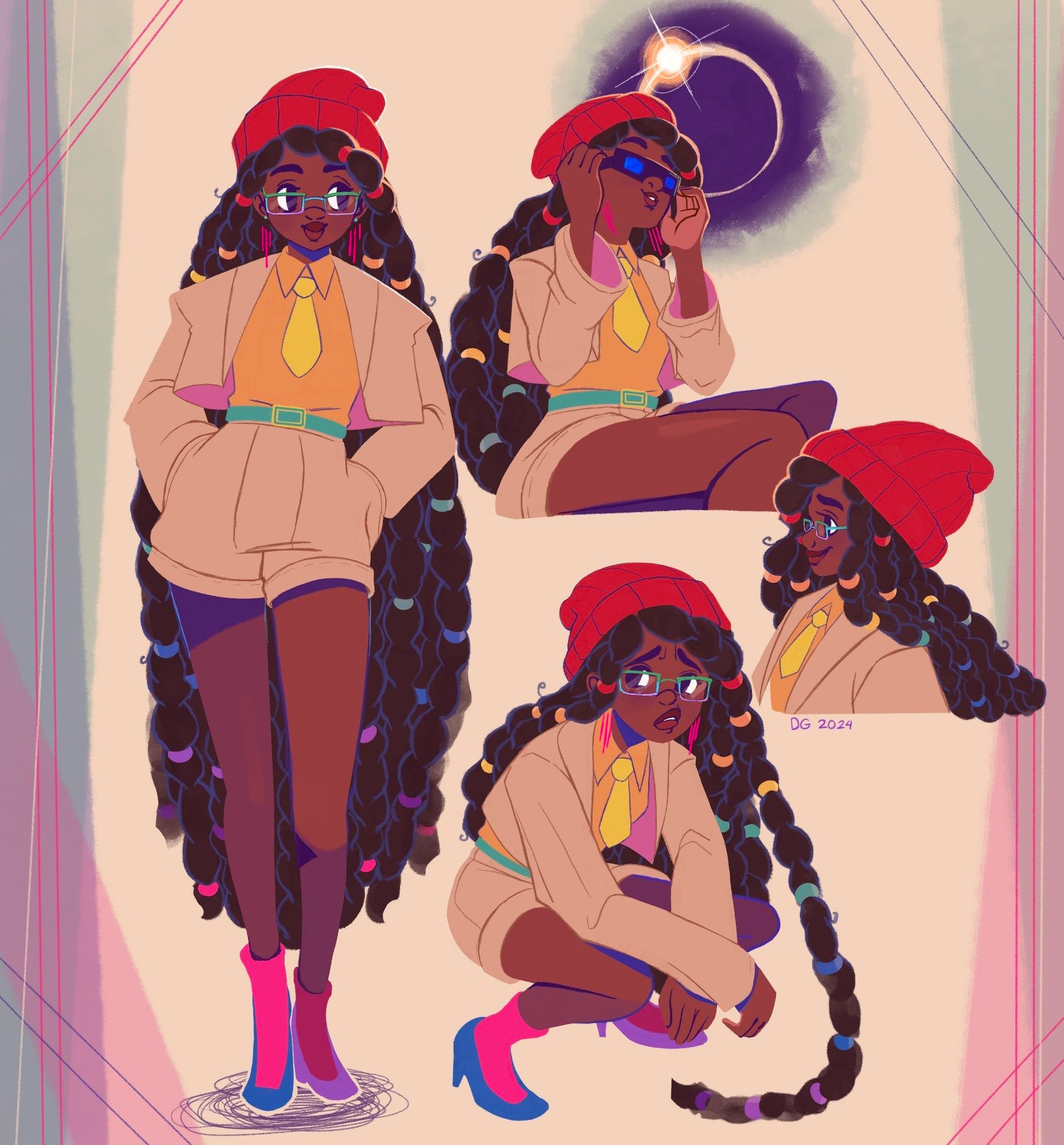 Four drawings of Prisma,  a character with long, beaded hair and a red beanie