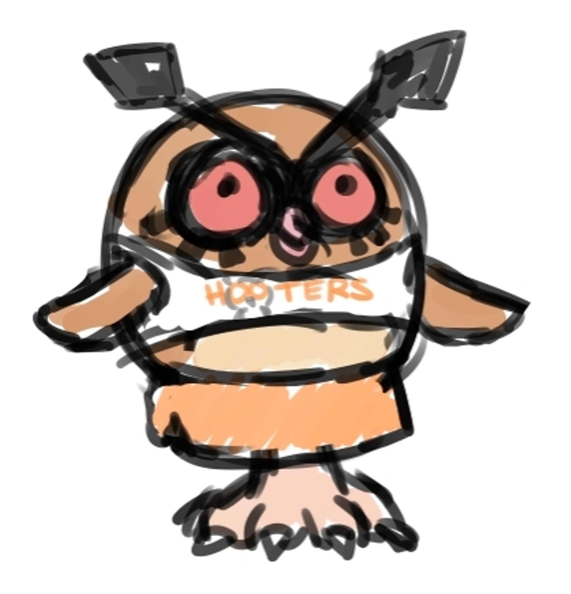 A rough colored drawing of a Hoothoot in a Hooters uniform