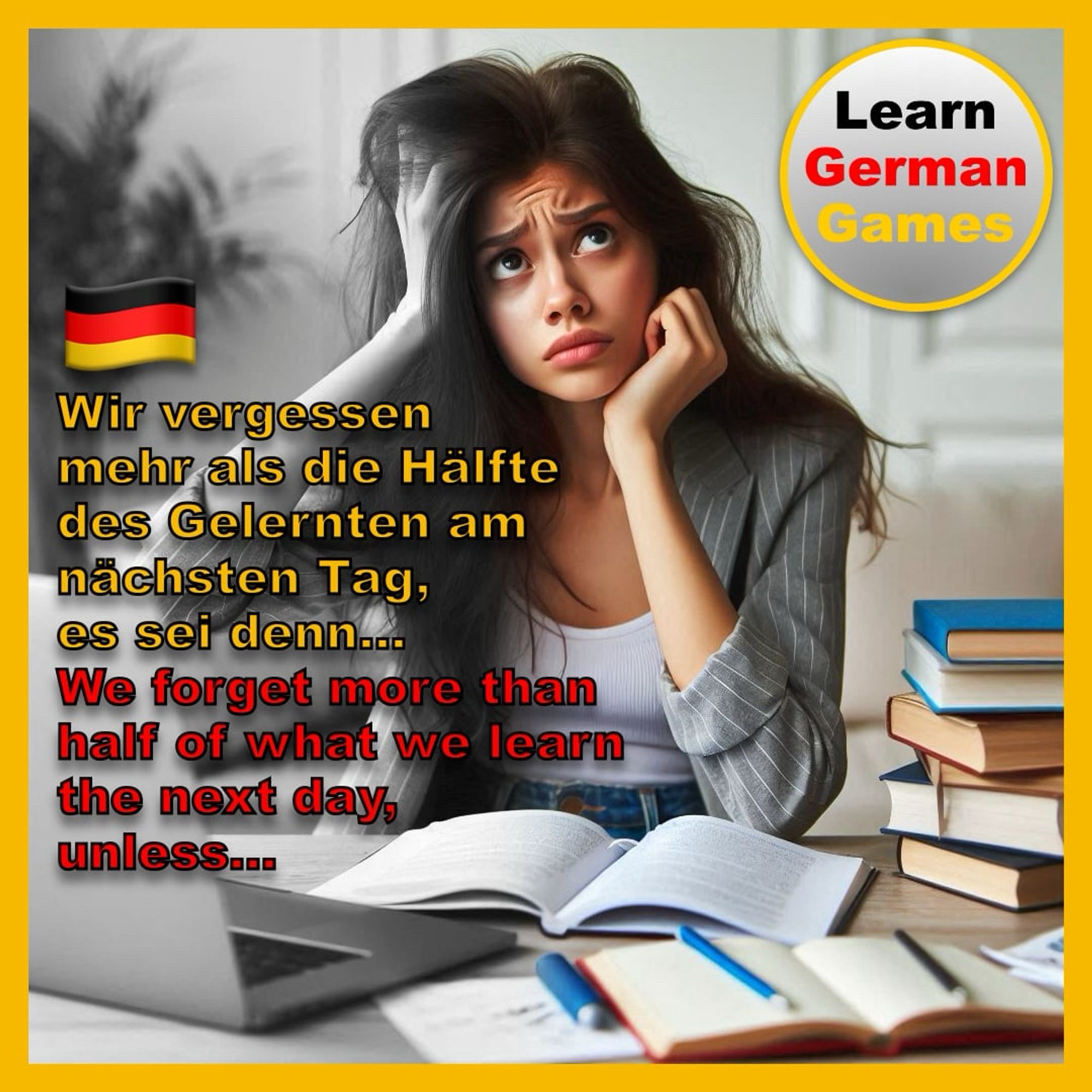 A woman looking anxious because she forgot half of what she learned. The left part of the image is desaturated to make that point obvious. The following text is superimposed on the image: “We forget more than half of what we learn the next day, unless…” On the top right is the Learn German Games logo.