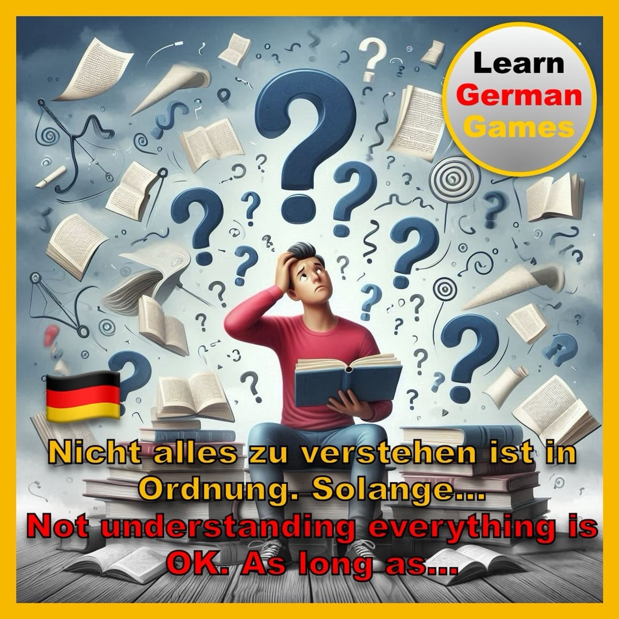 A man reading a book, looking up, scratching his head confused with a lot of question marks, open books and papers floating above his head. The following text is superimposed on the image: “Not understanding everything is OK. As long as…” On the top right is the Learn German Games logo.