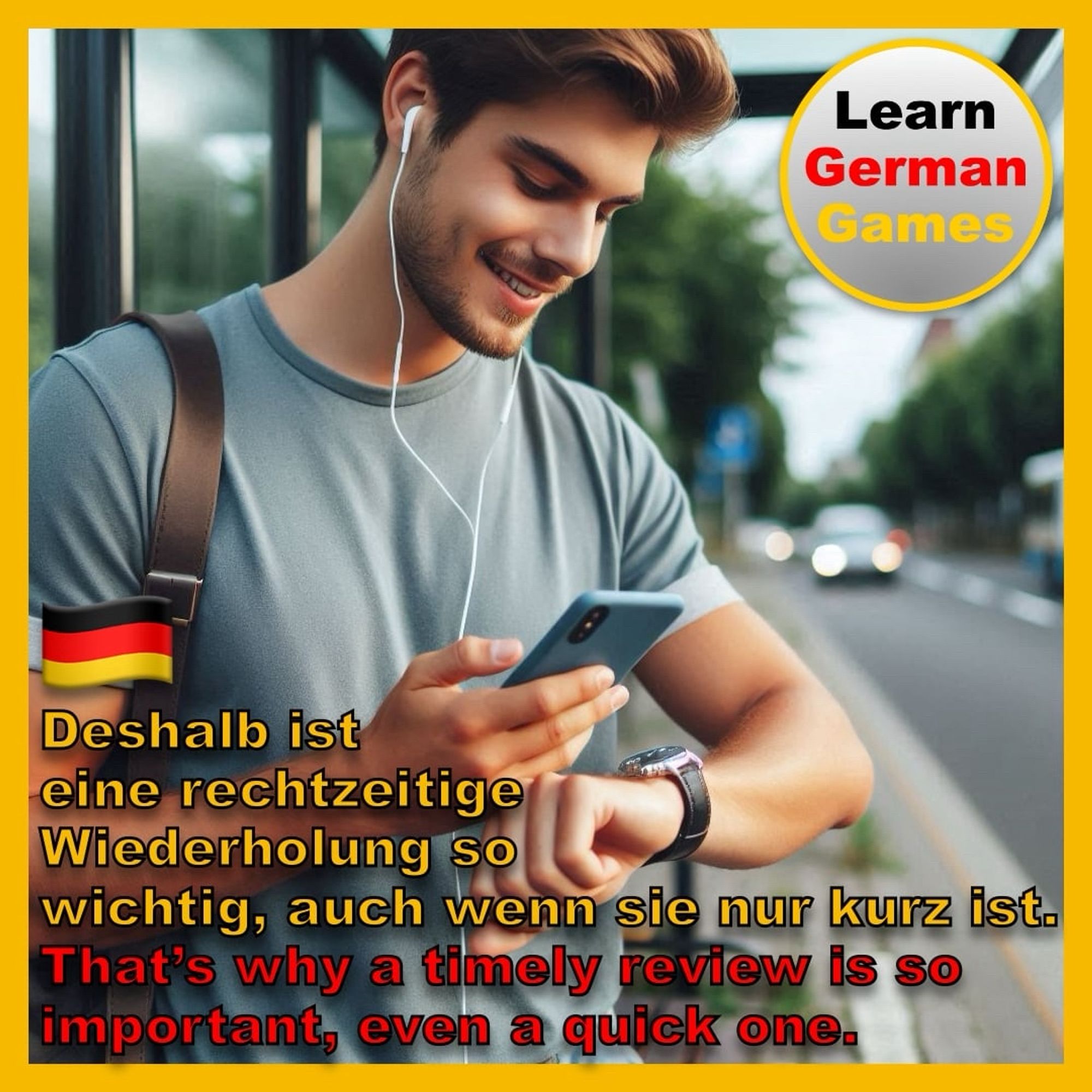 A young man look at his watch while reviewing words on his phone. The following text is superimposed on the image: “That’s why a timely review is so important, even a quick one.” On the top right is the Learn German Games logo.