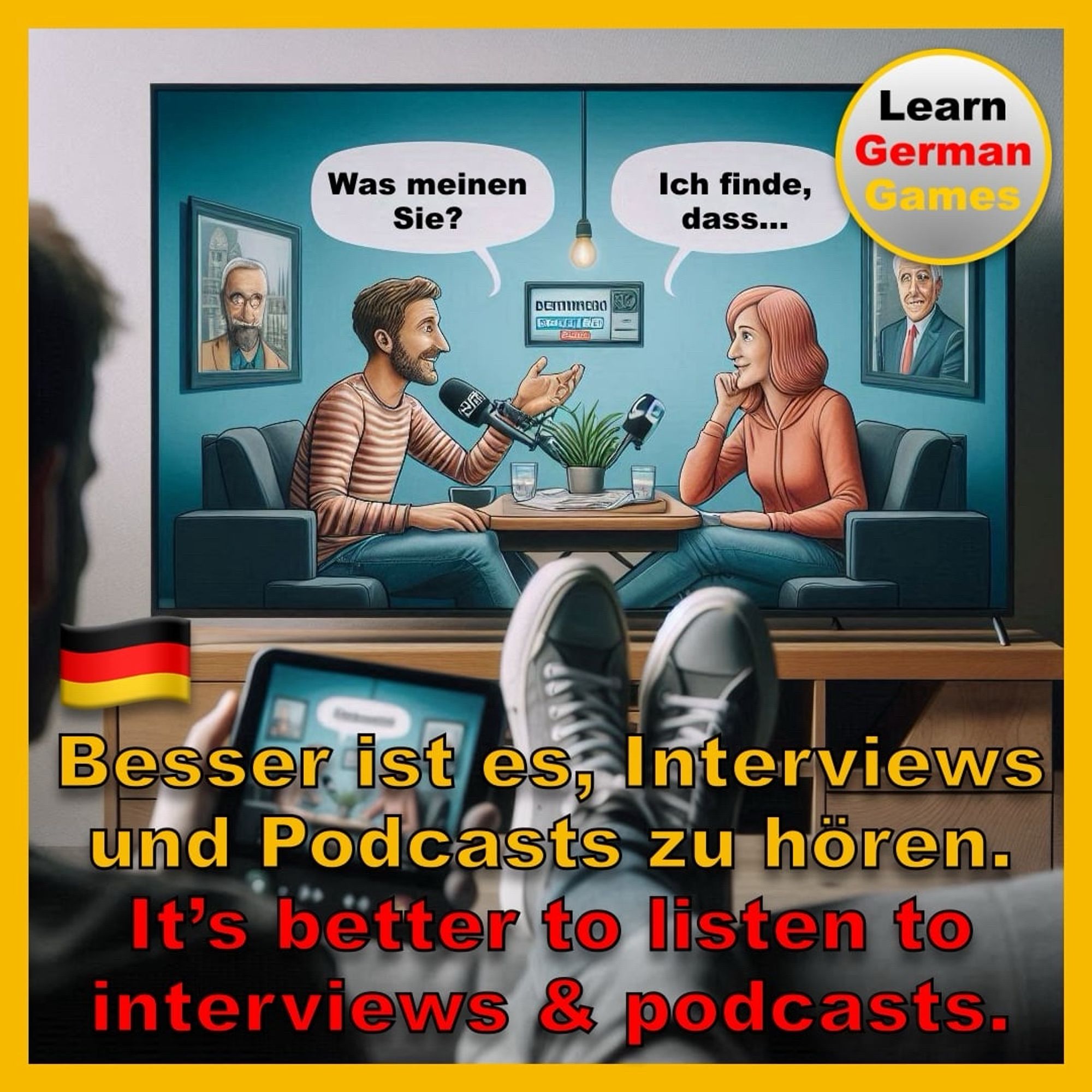 Someone sitting on the couch watching to an interview in German on TV while watching the same interview on an iPad in their hand. Two people facing each other on TV are shown with speech bubbles and German text, implying an interview. The following text is superimposed on the image: “It’s better to listen to interviews & podcasts.” On the top right is the Learn German Games logo.