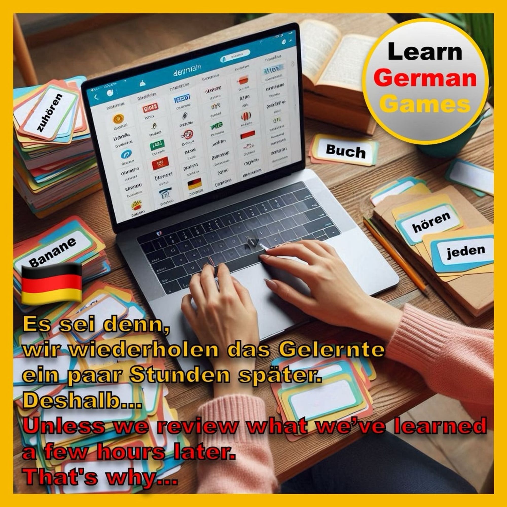 Someone reviewing German words on a laptop with flashcards scattered around the table. The following text is superimposed on the image: “Unless we review what we’ve learned a few hours later. That’s why…” On the top right is the Learn German Games logo.