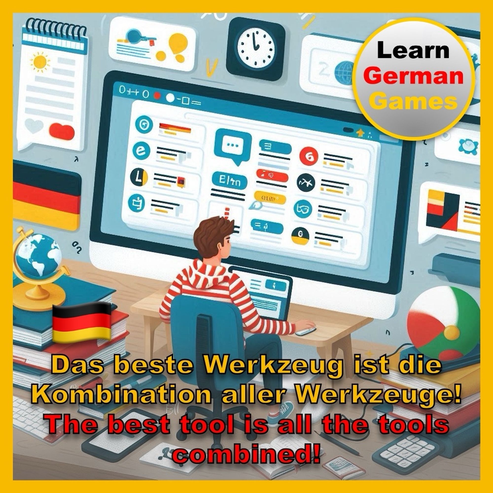 A man sitting in front of a computer learning German using an app, books and videos at the same time. The following text is superimposed on the image: “The best tool is all the tools combined!” On the top right is the Learn German Games logo.