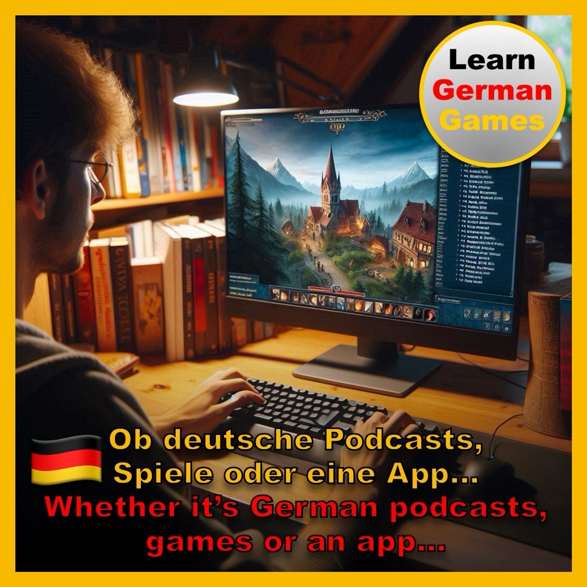 A man playing a game on his computer in German. The computer screen shows a castle scene. The following text is superimposed on the image: “Whether it’s German podcasts, games or an app…”