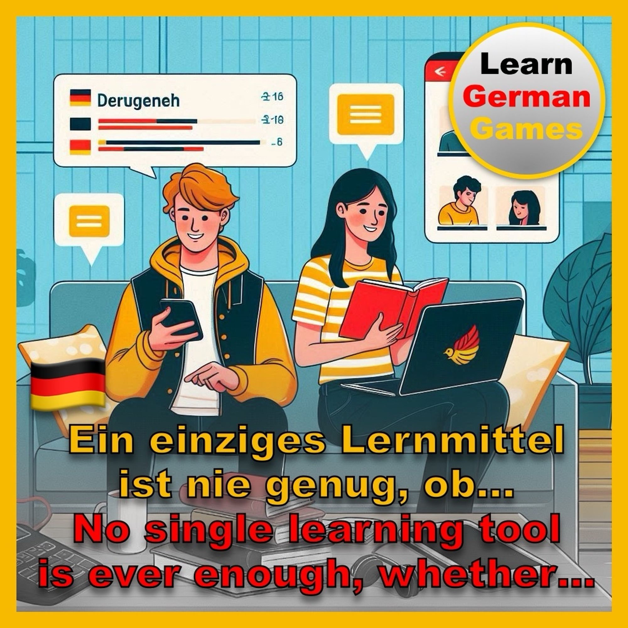 A man and woman sitting on a couch learning German. The man is using an app to learn while the woman is using a book and a laptop. The following text is superimposed on the image: “No single learning tool is ever enough, whether…” On the top right is the Learn German Games logo.