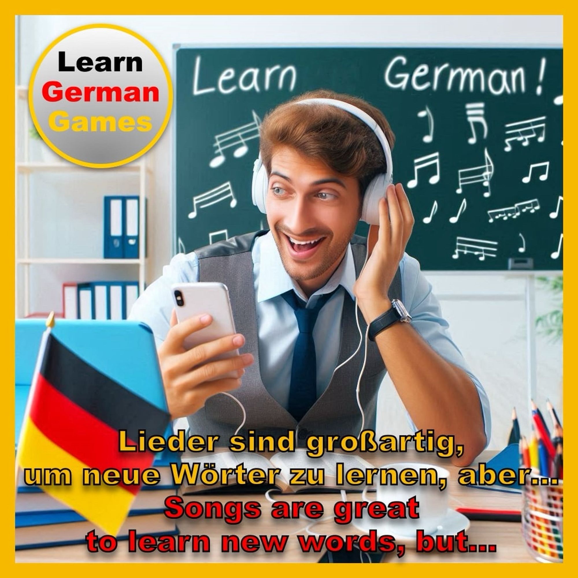 A guy with a headset listening to a song to learn German on his phone. A blackboard is behind him with the words “Learn German” written on it on the top and a lot of musical notes under that. The following text is superimposed on the image: “Songs are great to learn new words, but…” On the top left is the Learn German Games logo.