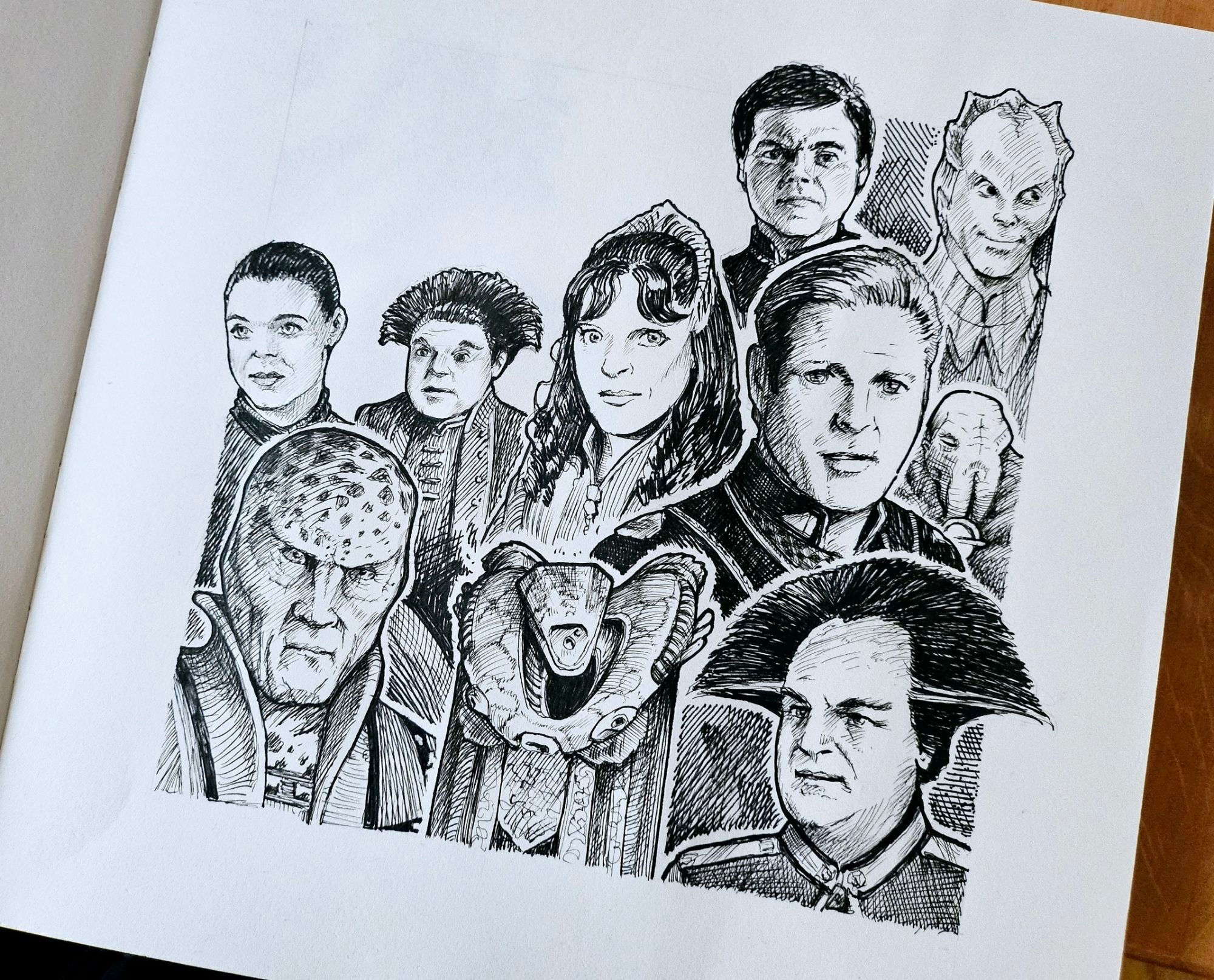 Unfinished Ink doodle of several characters from the TV show Babylon 5.