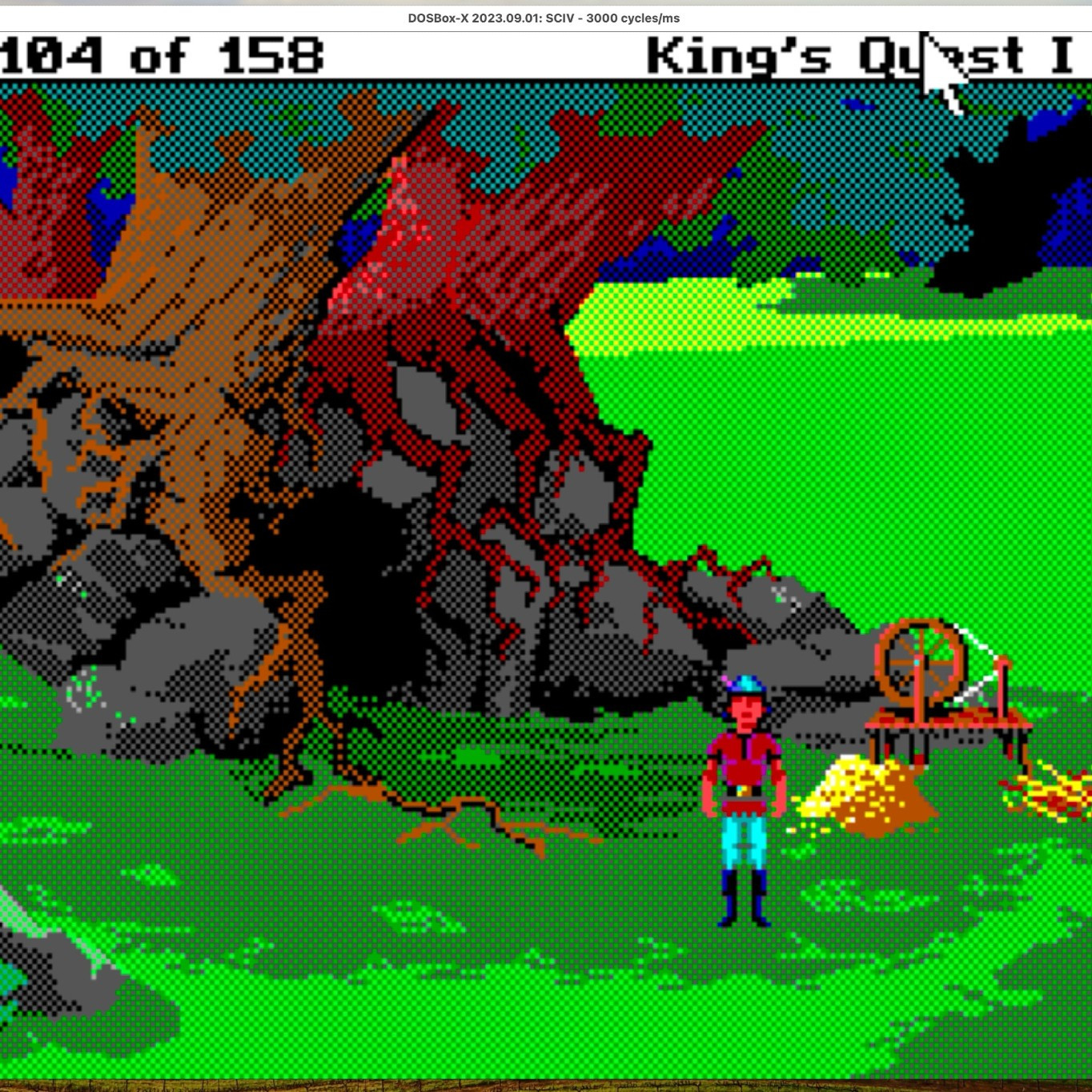 A screenshot showing a scene from King's Quest 1 VGA in the DOSBox-X emulator