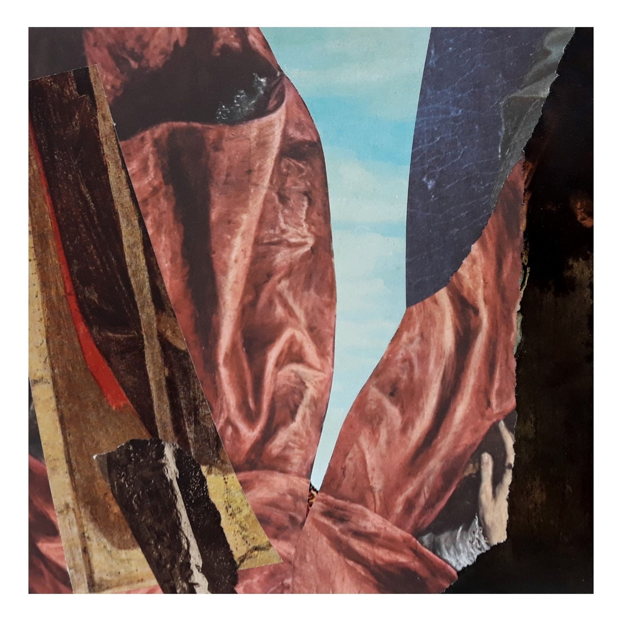 Cut and torn paper collage with a ravine of blue sky between images of fabric which resemble a landscape