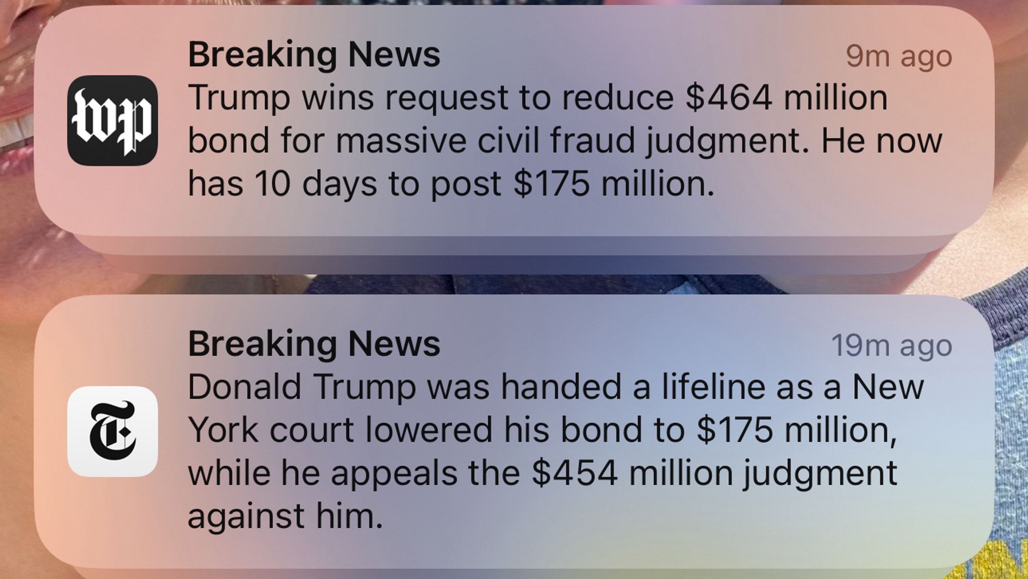 News push alerts from NYT and WaPo that instead of paying the $450+ million bond for breaking the law, of which was due today and he clearly doesn’t have, he now only has to pay $175m now. He will have to pay the rest later, but, you know, give him an inch and he takes the mile.