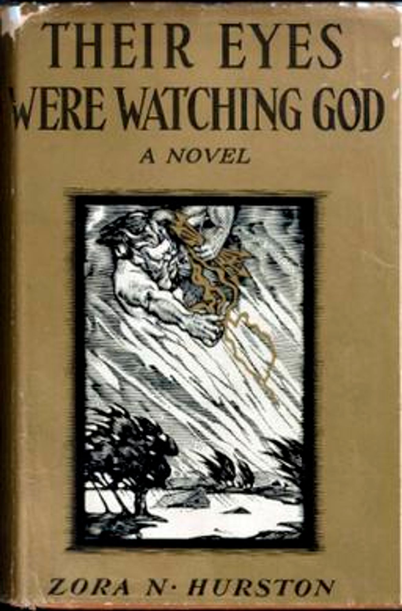 Book cover: hard cover copy of "Their Eyes Were Watching God" wearing a weathered dust jacket.

A clay colored cover with black text. In the center is a portrait-oriented black-and-white drawing of a flooding landscape in a rainstorm. A wound-up Zeus is depicted amongst the clouds, hucking lightning bolts at the ground.

