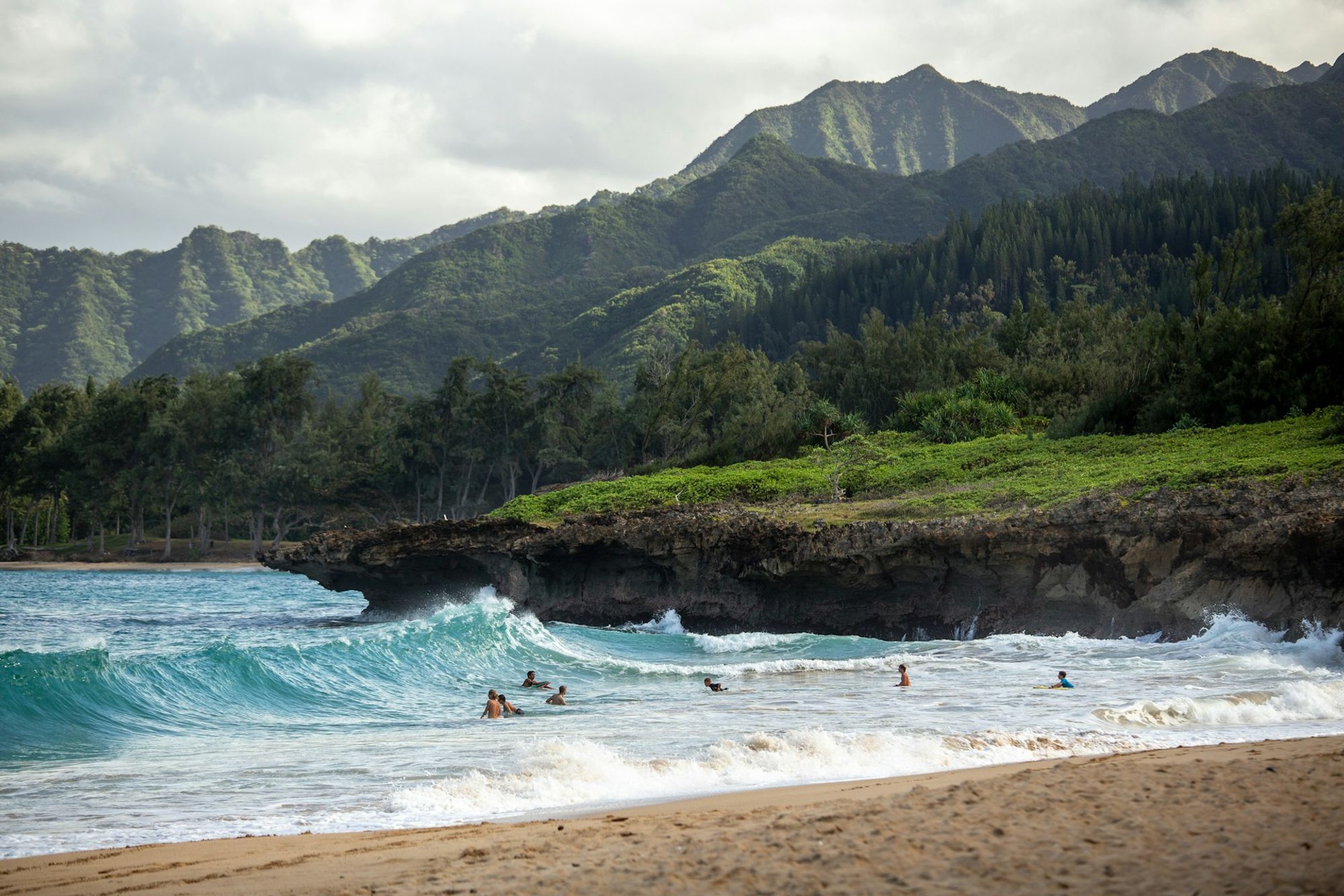 Tiny humans bobbing in the waves on the north shore of Oahu.