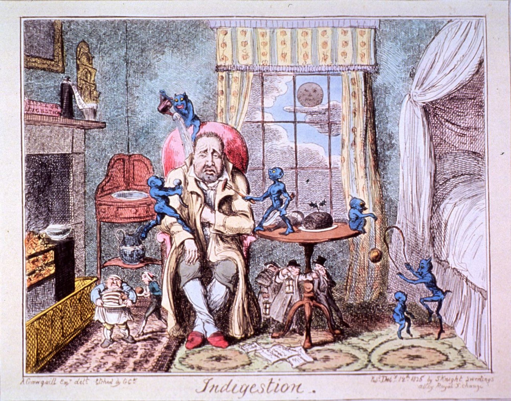 Color drawing: a positively forlorn-looking man sits at a small table beneath a window between his bed and his fireplace with his hand tucked Napoleonically into his coat. A half dozen tiny blue imps poke at him. There are also other miniature figures in the scene, but they're regular people. Some are tidying up and some are just chatting. It's super unclear what they're doing there.

Source caption: "Nineteenth-century illustrator George Cruikshank depicted indigestion as torment by imps. Public Domain"