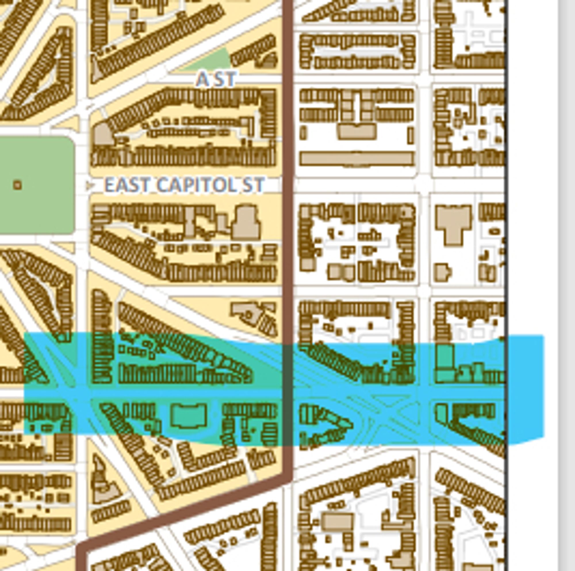 Map of the Capitol Hill Historic District, ending at 14th St SE at Independence Ave SE