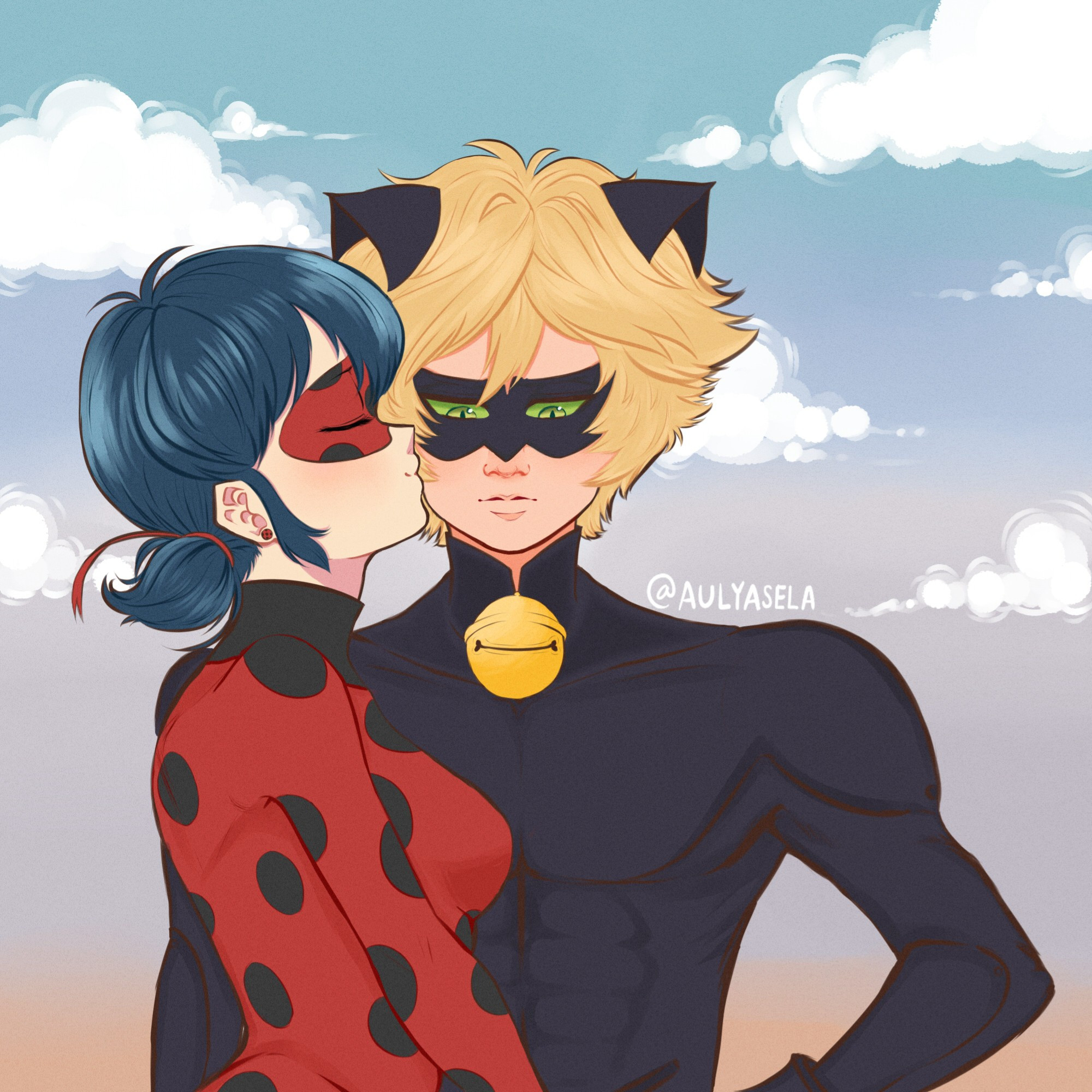 A screencap drawing from Miraculous show featuring Ladybug kissing Cat Noir.