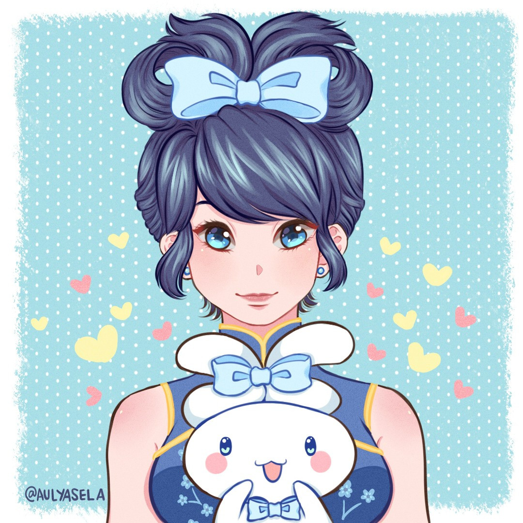 A old fanwork created in 2022 featuring Marinette wearing a blue cheongsam with Sanrio's cinnamoroll in the middle.