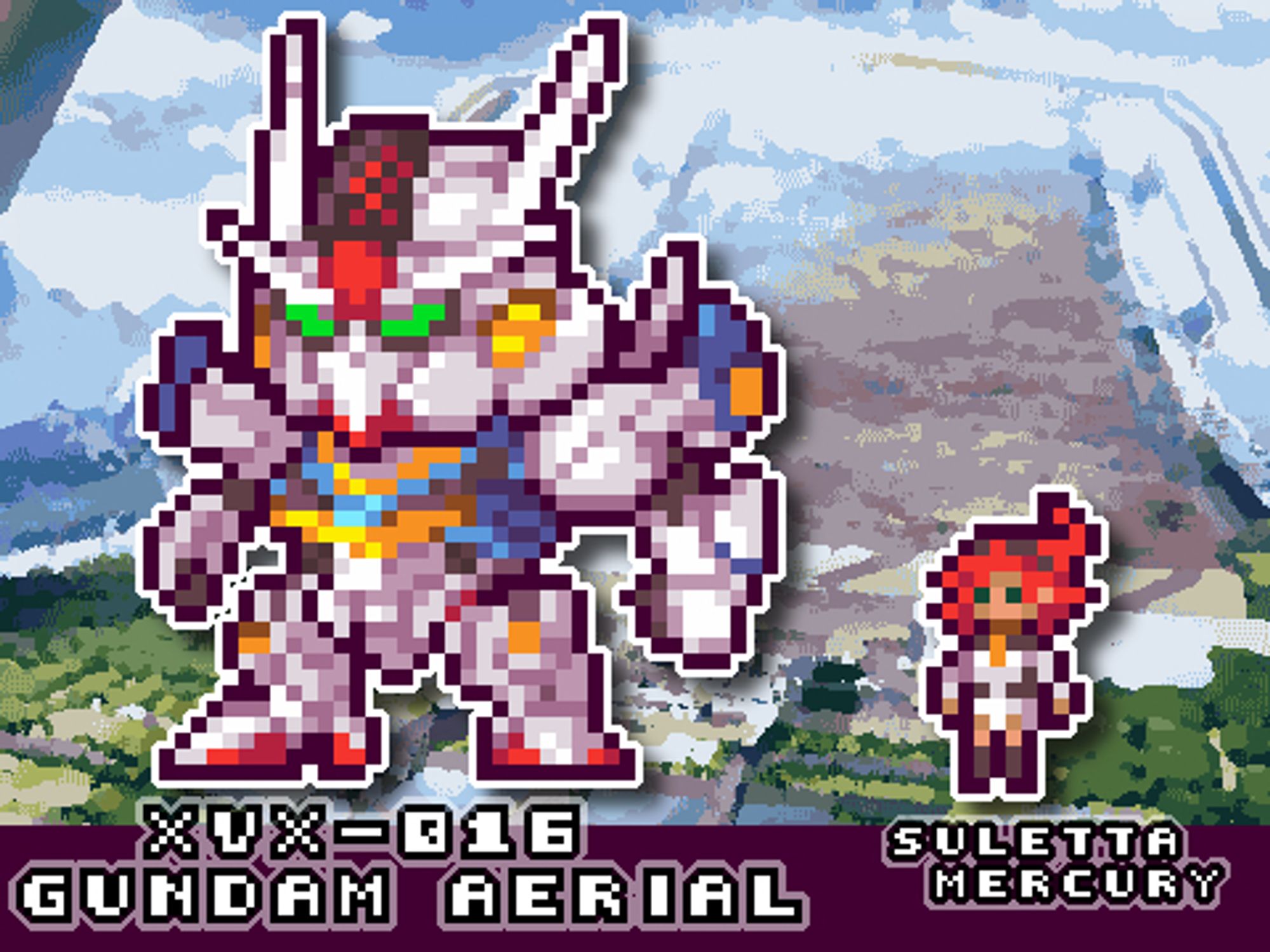 pixel art of the gundam aerial mecha and its pilot suletta mercury from mobile suit gundam the witch from mercury