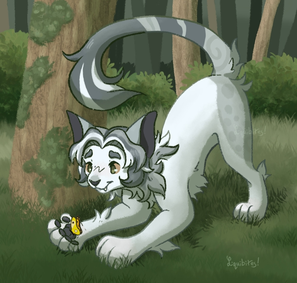 A drawing of a cat crouching down with a yellow butterfly on its paw. Character credit to Clay332 on AF