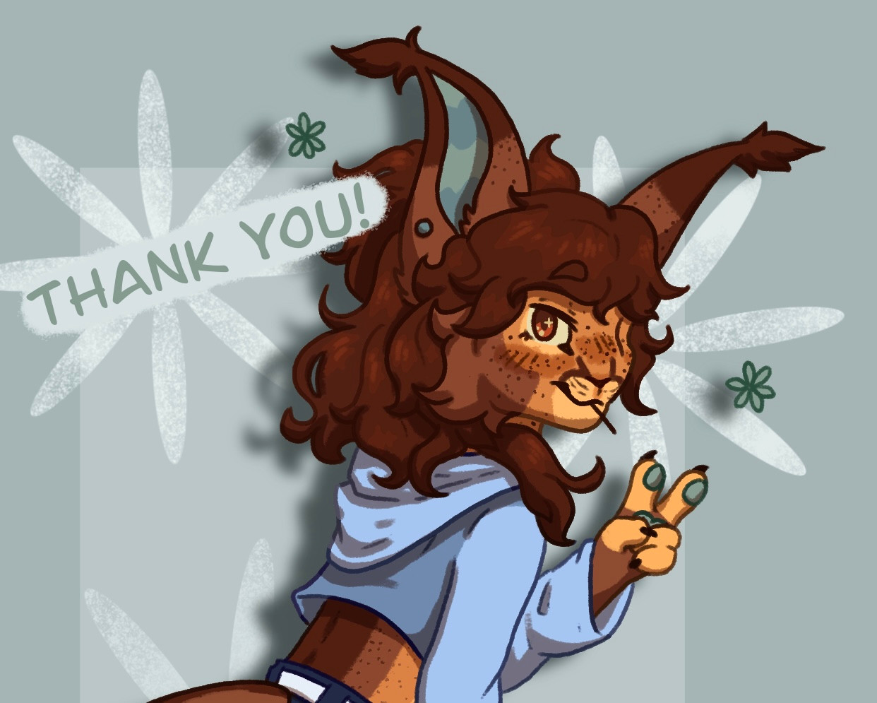 A drawing of an anthro furry character looking over her shoulder and giving a peace sign. The text above her reads "Thank you!"