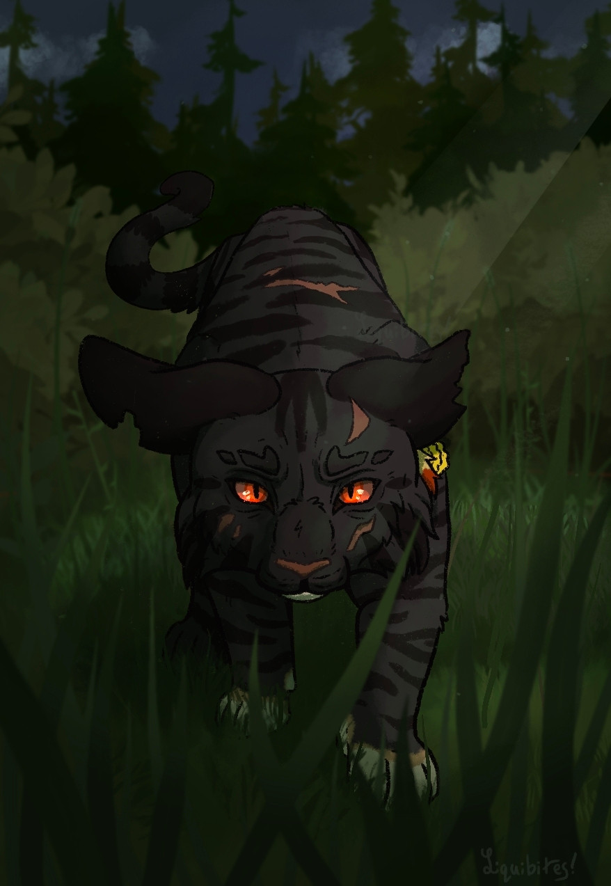 A drawing of a black cat creeping through the grass in a dark forest. Character credit to RhysStrongFork on AF.