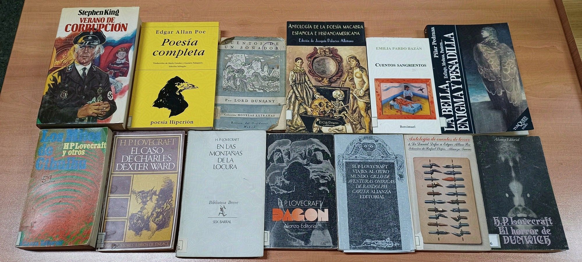 Libros sobre una mesa. Lo títulos son: Verano de corrupción de Stephen King, Poesía completa de Edgar Allan Poe, Cuentos de un soñador de Lord Dunsany, Antología de la poesía macabra española e hispanoamericana, Cuentos sangrientos de Emilia Pardo Bazán, La bella, enigma y pesadilla de Pilar Pedraza, Los mitos de Cthulhu de Lovecraft y otros, El caso de Charles Dexter Ward de Lovecraft, En las montañas de la locura de Lovecraft, Dagon de Lovecraft, Viajes al otro mundo: el ciclo de aventuras oníricas de Randolph Carter de Lovecraft, Antología de cuentos de terror y El horror de Dunwich de Lovecraft.