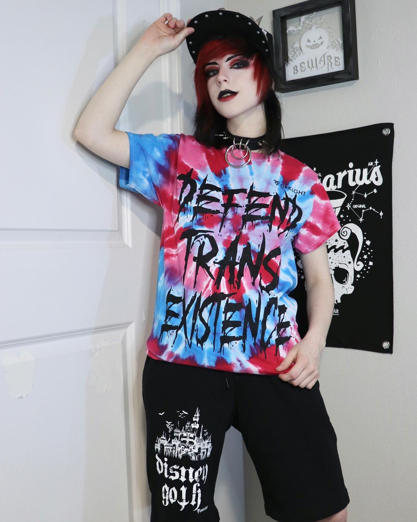 Defend trans existence blue white and pink tie dye shirt from DRKLGHT.com