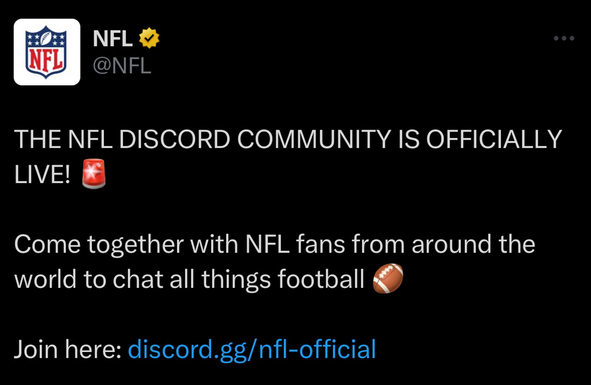 A screenshot of a tweet by the nfl announcing an NFL branded discord server