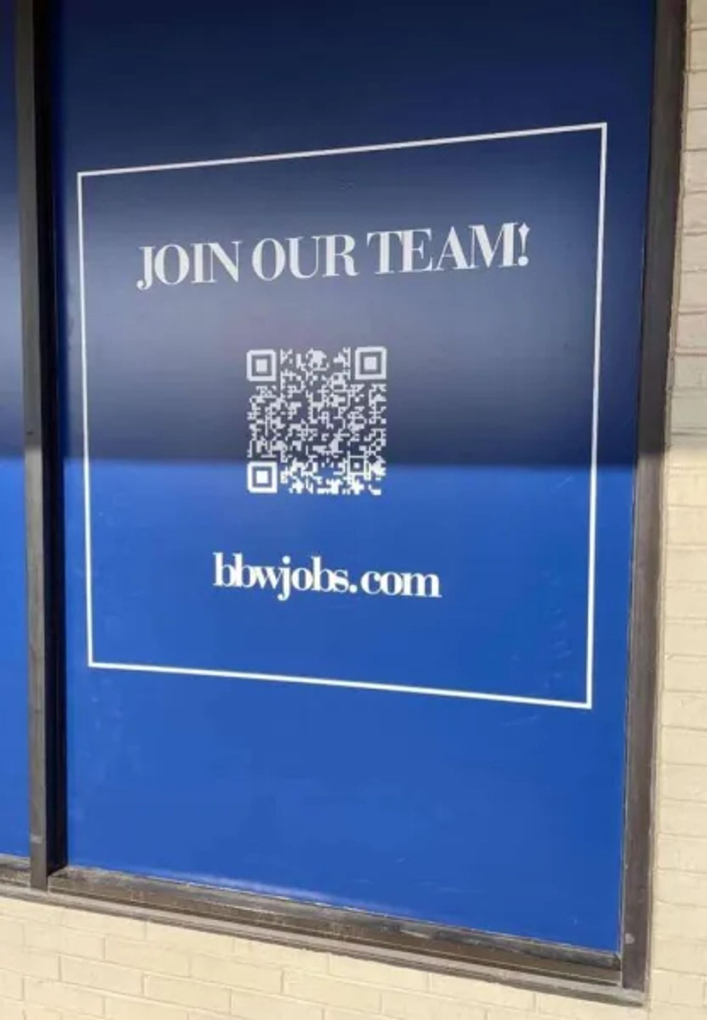 A job ad saying "Join our team!" with a QR code.  The website at the bottom appears to say blowjobs dot com. But it's actually BBW Jobs