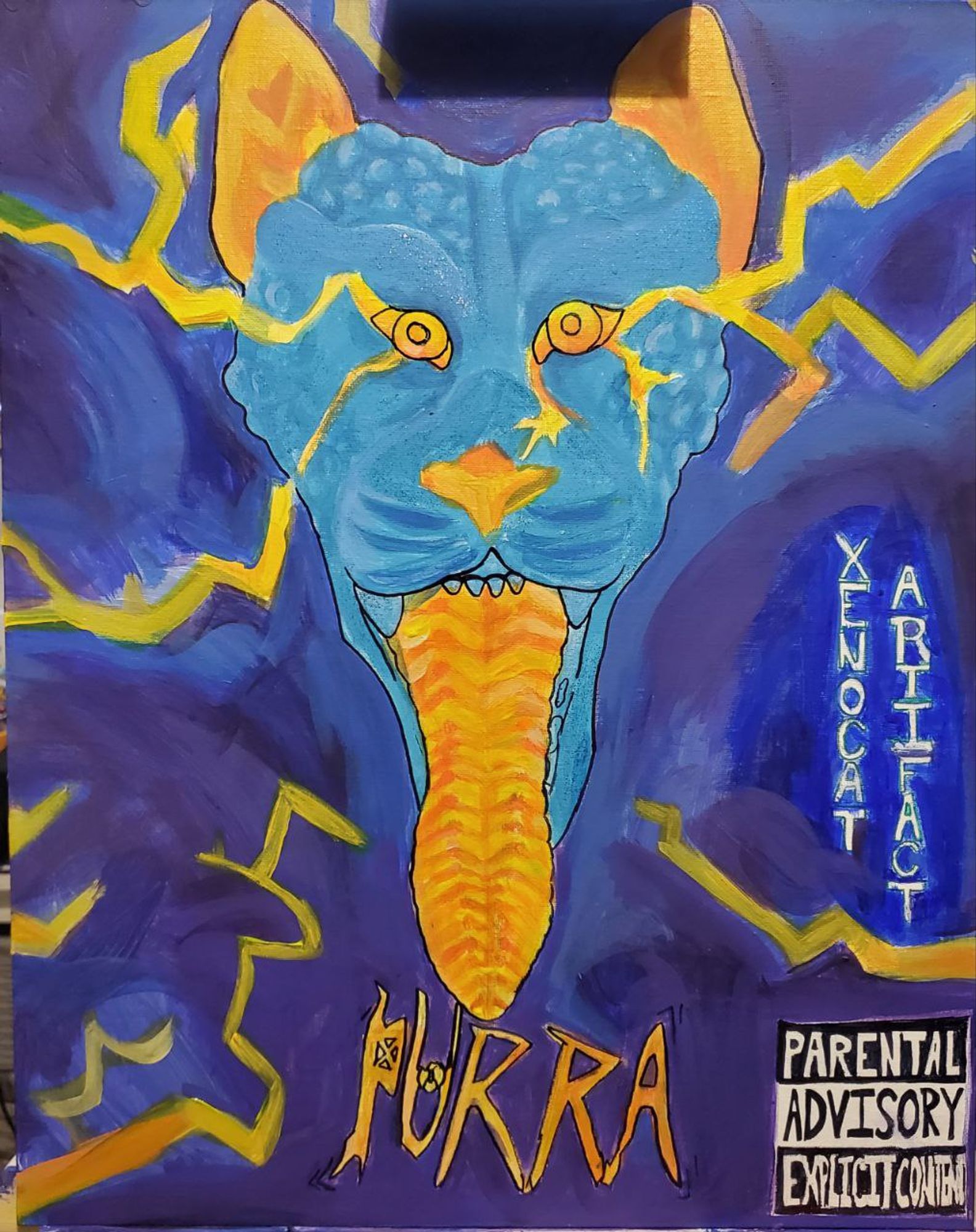 A 16 by 20 inch acrylic painting of an indie dildo called "Purra". It is a wereleopard with golden ears, eyes, nose, and tongue. It has light blue fur. Yellow lightning bolt crackles out of its eyes and around its face. "PURRA" is painted in a faux heavy metal fashion. "Xenocat Artifact" is written on the center right. Bottom right painted text reads "Parental Advisory Explicit Content".