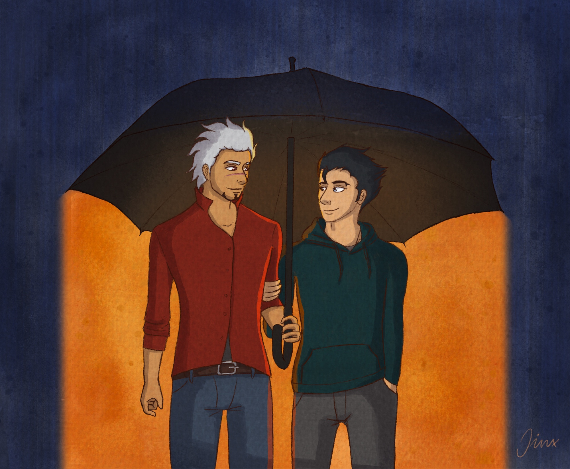 Diego and Phoenix under a large umbrella. Around them it‘s rainy and dark, but under the umbrella it‘s warm and bright. Watercolor digital art.