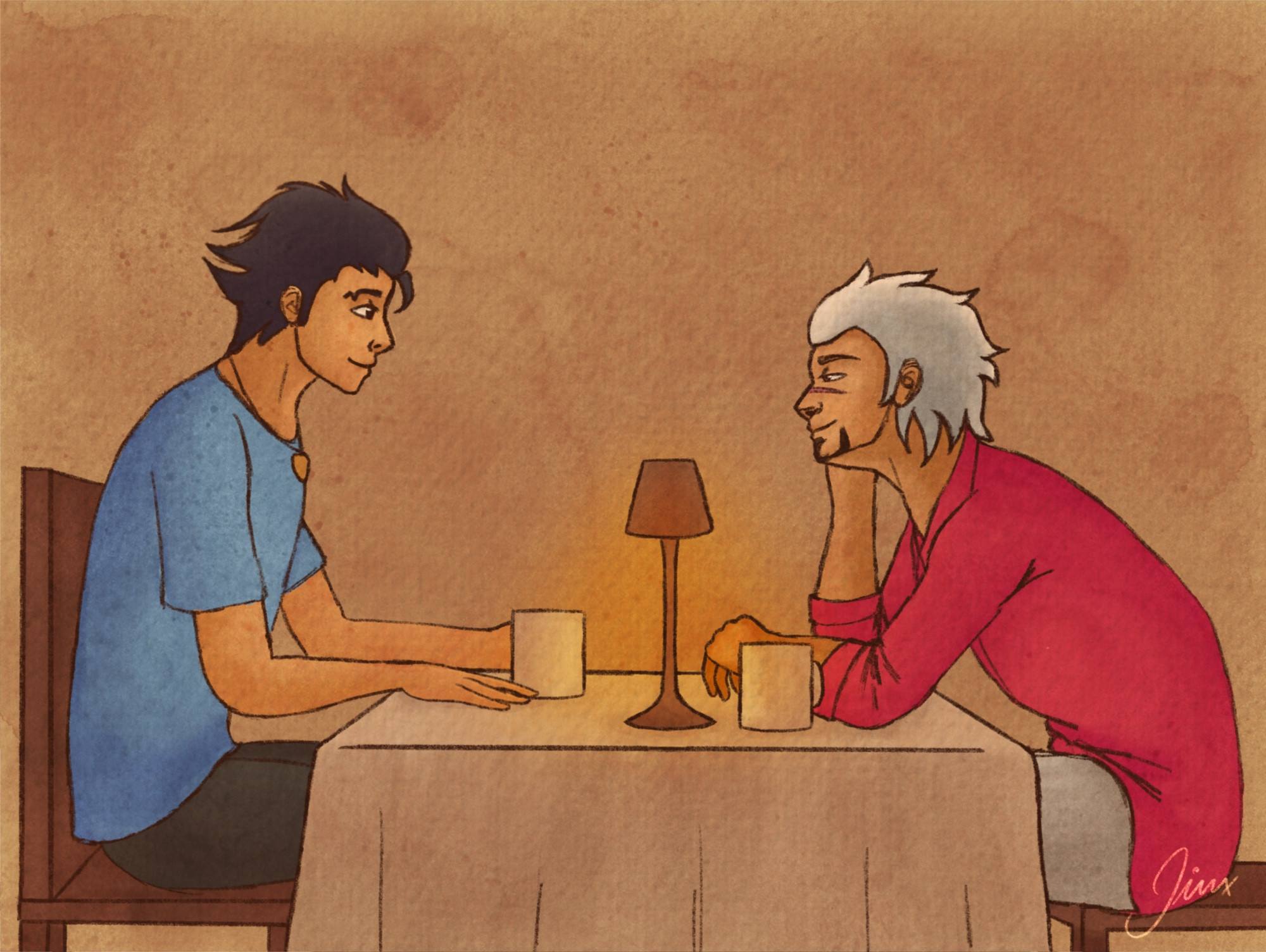 Phoenix and Godot are having coffee together, digital watercolor art. The mood is positive and the atmosphere very warm.