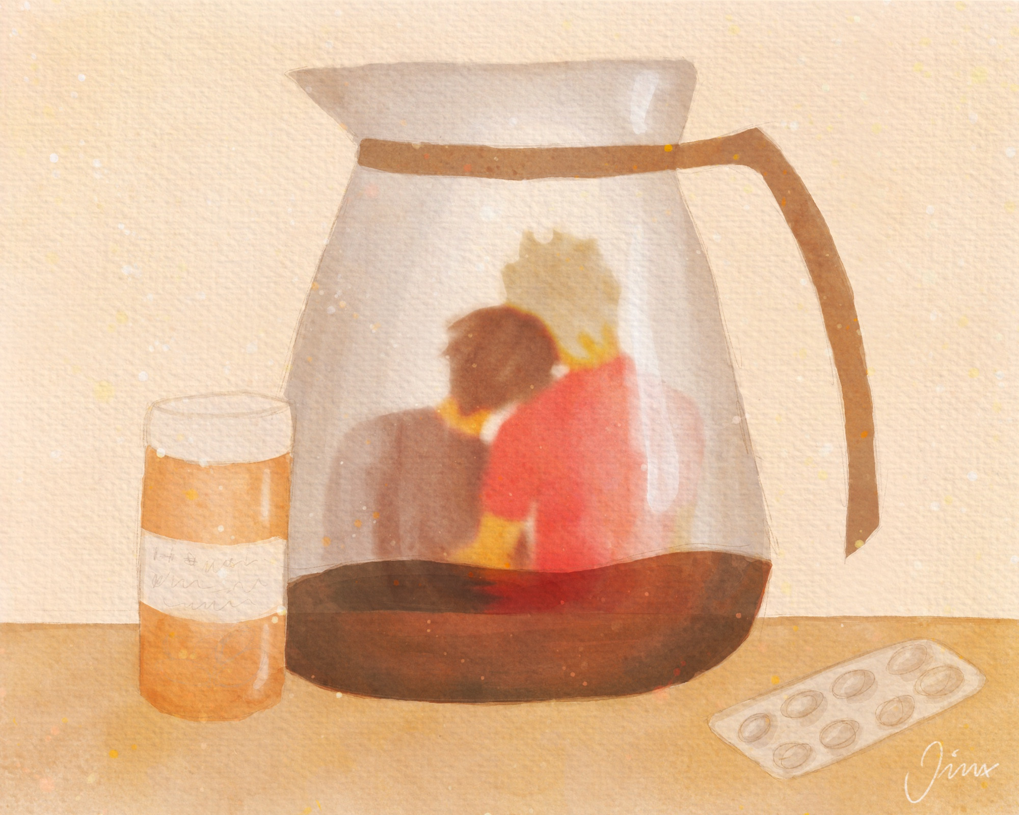 A coffee pot in the foreground with some pills in a blister and a bottle, digital watercolor art. Phoenix and Diego show up in the pot, blurry and in the background, shown from their backs. Phoenix has his head on Diego‘s shoulder and Diego has his arm around Phoenix. 