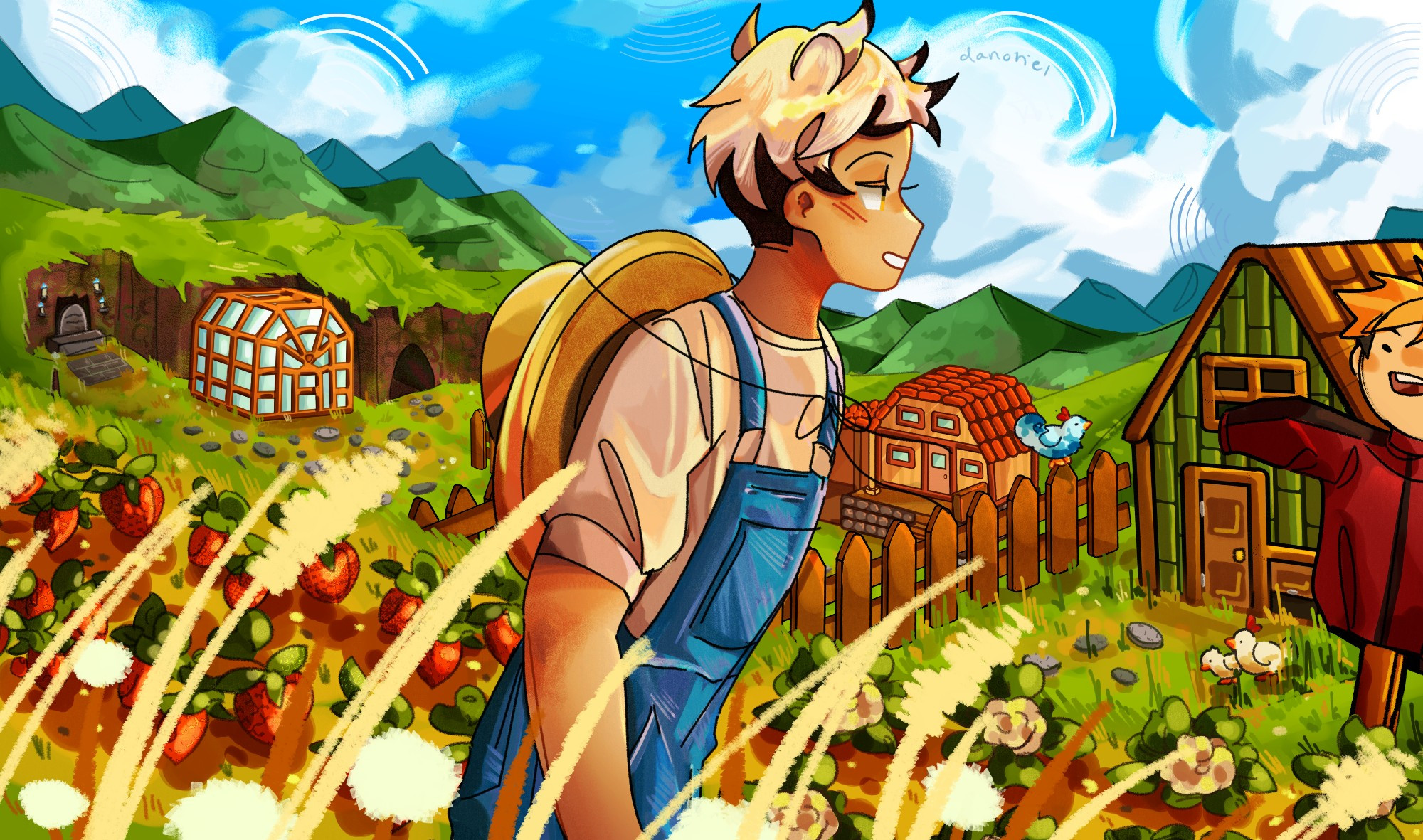 drawing of kita shinsuke from haikyuu dressed in a white long sleeve, blue overalls, and a straw hat around his neck standing in the center among a field of crops. the crops include strawberries, cauliflower, and rice. behind him to the right is a green chicken coop with 3 chickens; two chickens are white and one chicken is blue. a scarecrow dressed as atsumu (blonde hair, red track jacket) is placed in front of the coop. further back is a red roofed house and a greenhouse to the back left, right beside granny's grave. the grass is a pure green, transitioning to blue mountains in the distance, which are in front of a light blue sky. it is filled with fluffy white clouds. 