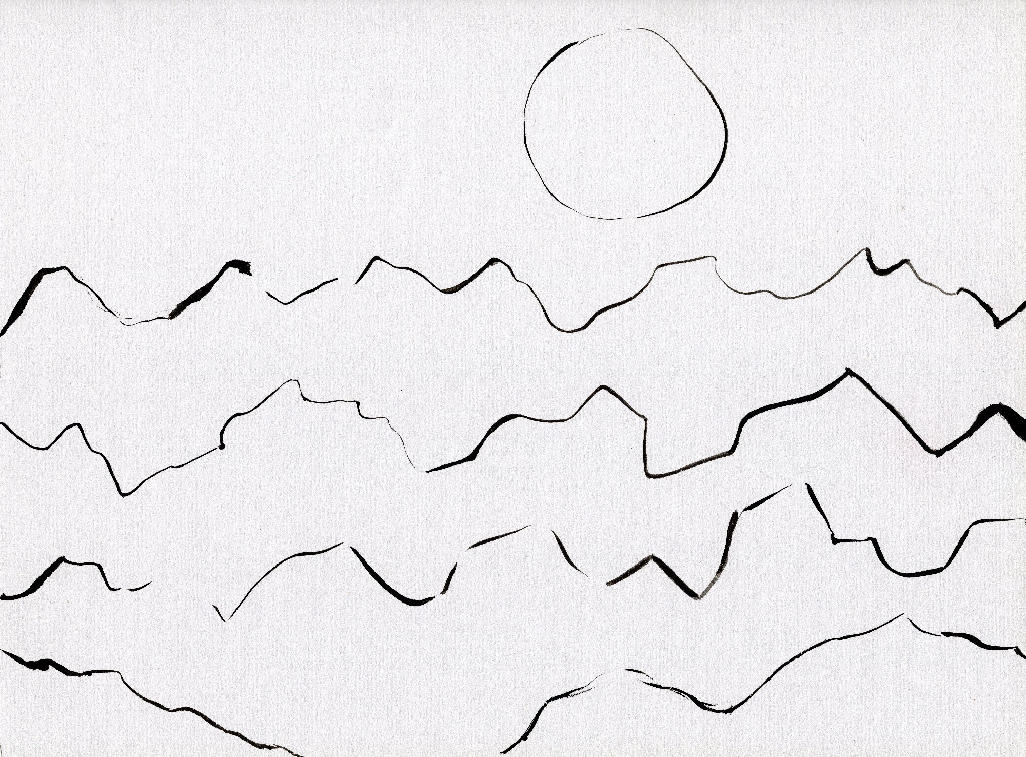 Mostly white artwork, with black ink like brush strokes. The minimal work shows rolling hills, with a floating sun near the upper right.