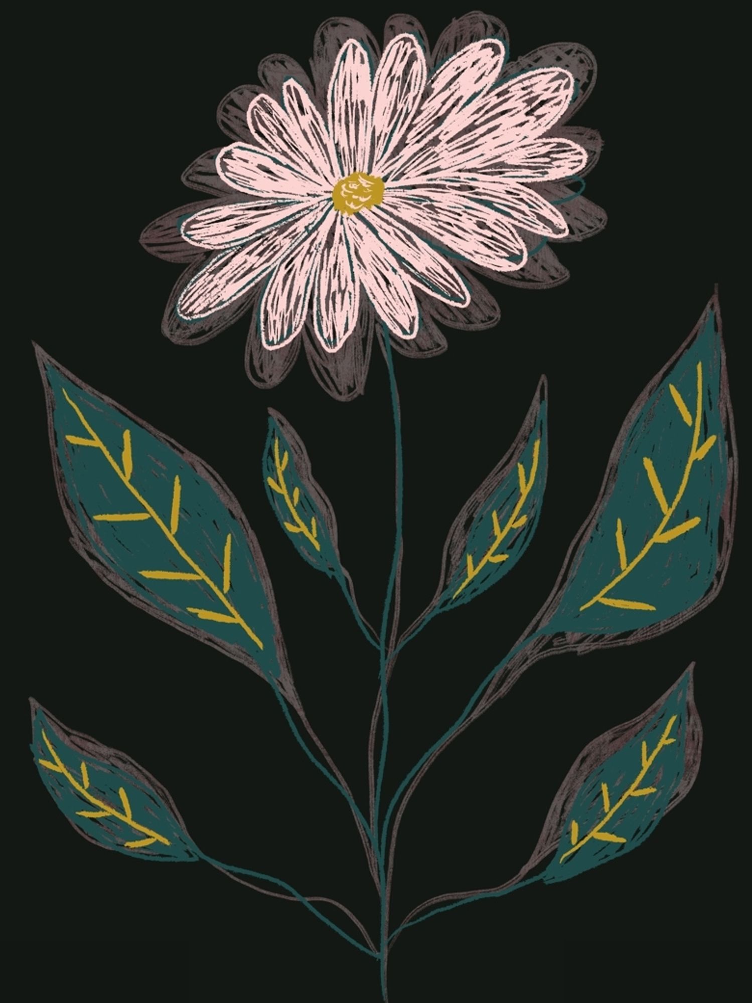 Digital artwork of a flower, with multiple long petals like a daisy. Each side of the plant has dark green leaves with yellow accents. The petals are pink.