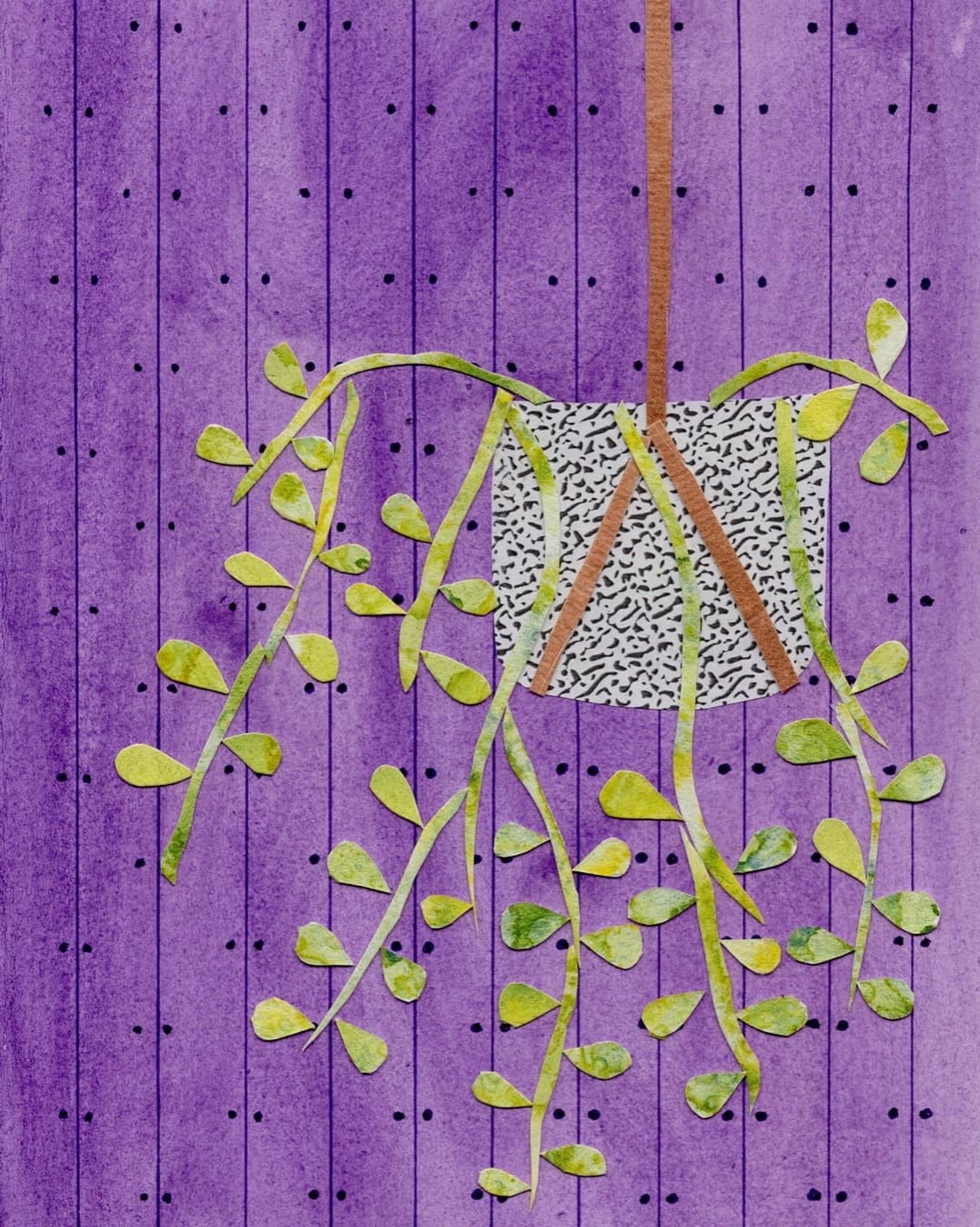 Artwork of a hanging plant. The plant has a patterned pot, and hanging vinelike growths with rounded leaves. The background of the artwork looks like lined purple wallpaper.