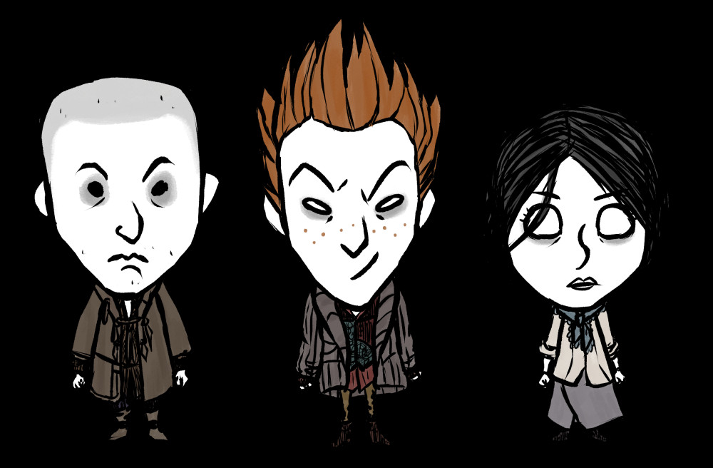 Side characters/NPCs from the Pathologic 2 video game, drawn in a style mimicking the one of Don't Starve, another video game.
The characters are, from left to right: Stanislav Rubin, Bad Grief and Lara Ravel