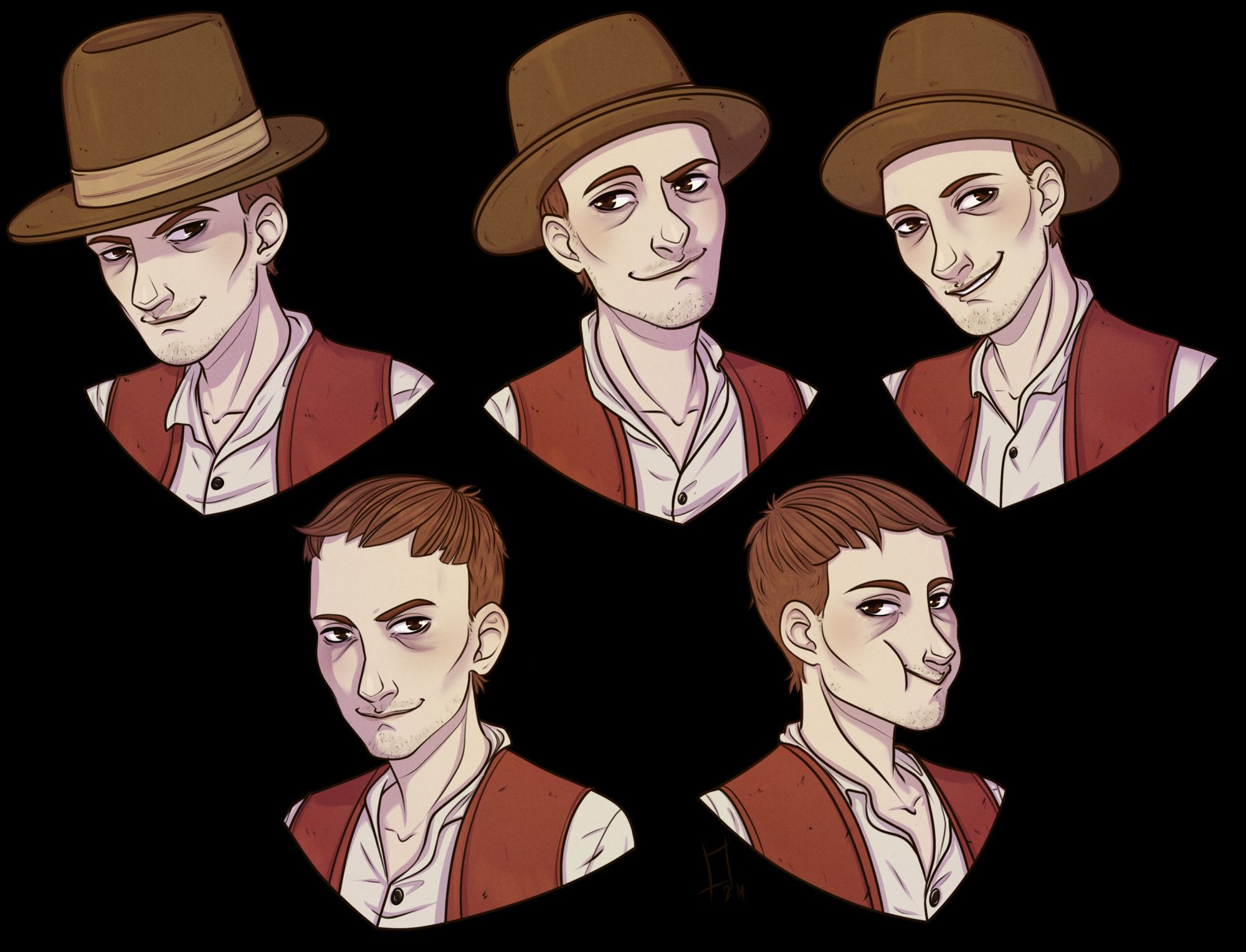 5 bust-up portrait of David Eilander from the game Rusty Lake Paradise, 3 on the top row and 2 on the bottom row.
On the top row, he wears his hat and doesn't on the bottom row. His expressions are all smiling with different levels of mischief (my attempt at showing it at least). On the bottom right image, he clearly has something into his mouth.